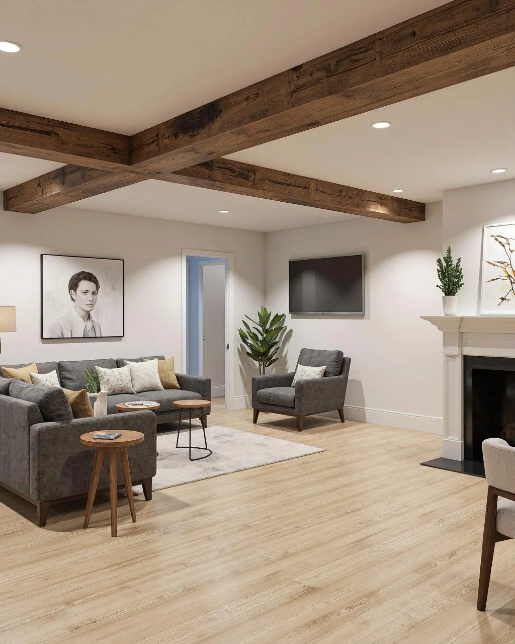 Living room of an ADU, with nice wooden beams, crossed.