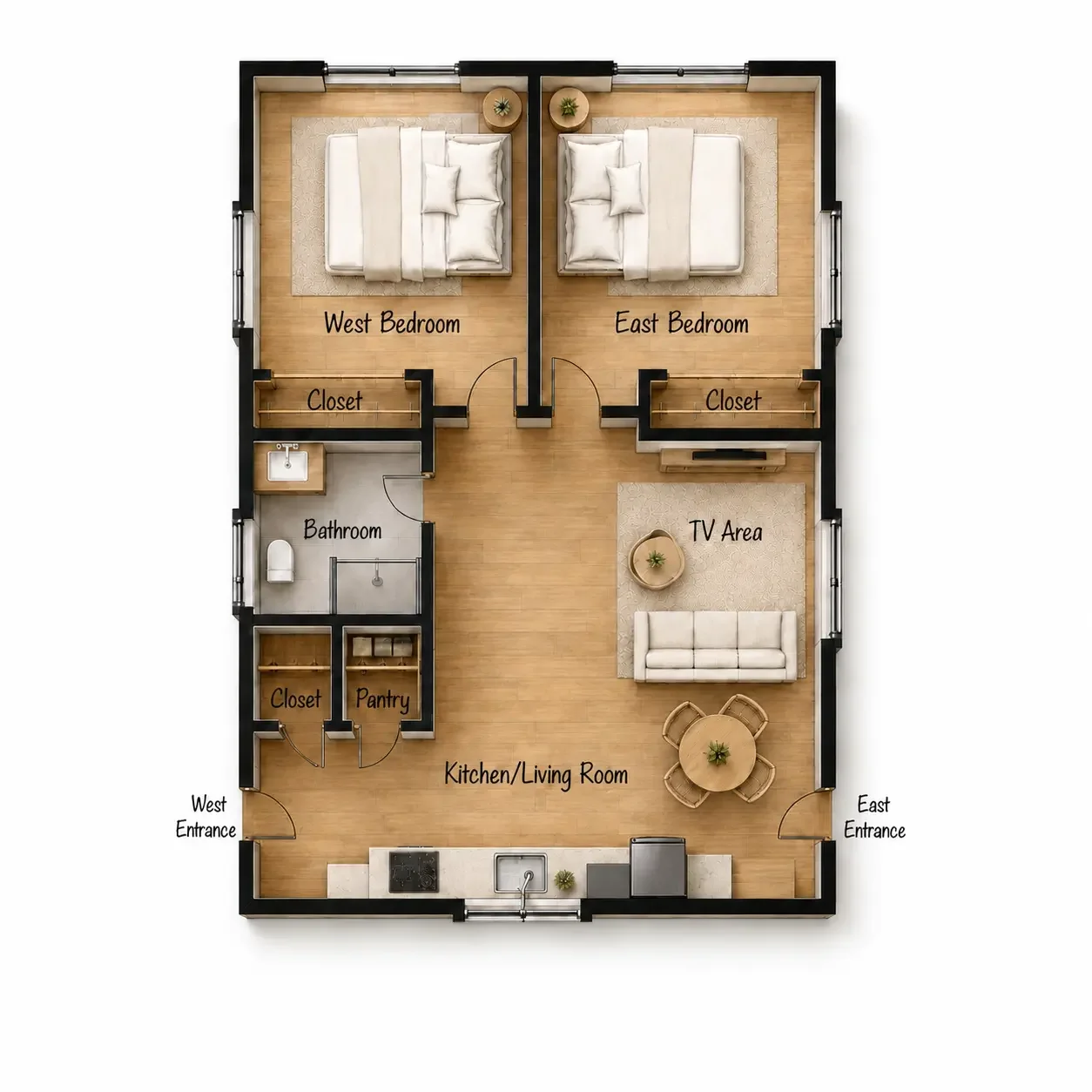 Two-bedroom ADU floor plan with open kitchen and living area, shared bathroom and dual entrances