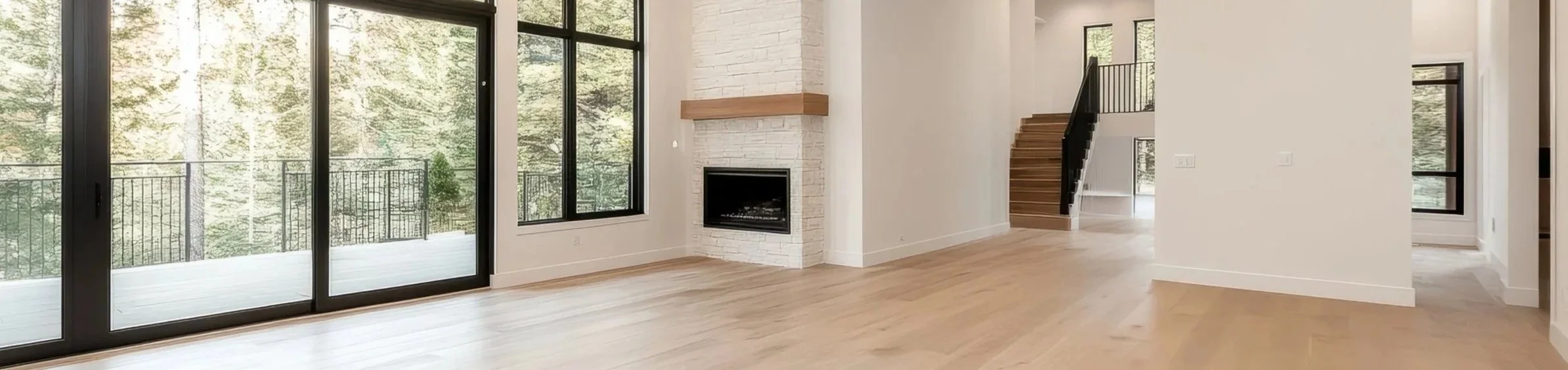 Empty living room with large sliding glass doors opening onto a balcony, hardwood floors, a white brick fireplace, and stairs leading to an upper level.