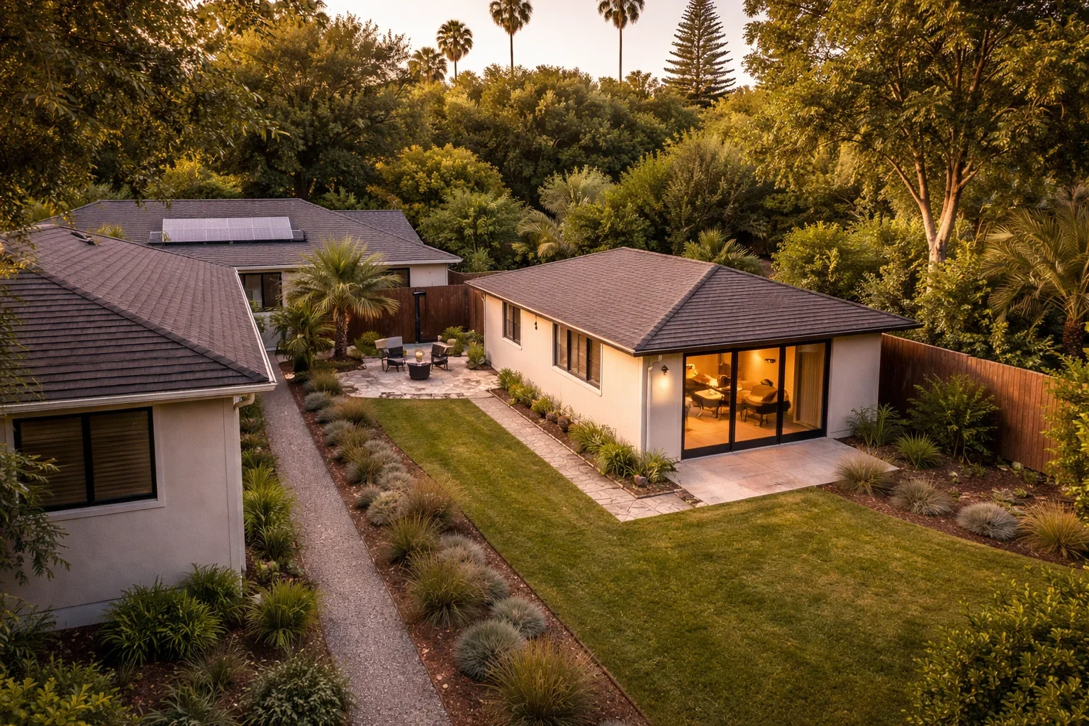 aerial perspective of modern farm house style adu covered in simple gray color stucco
