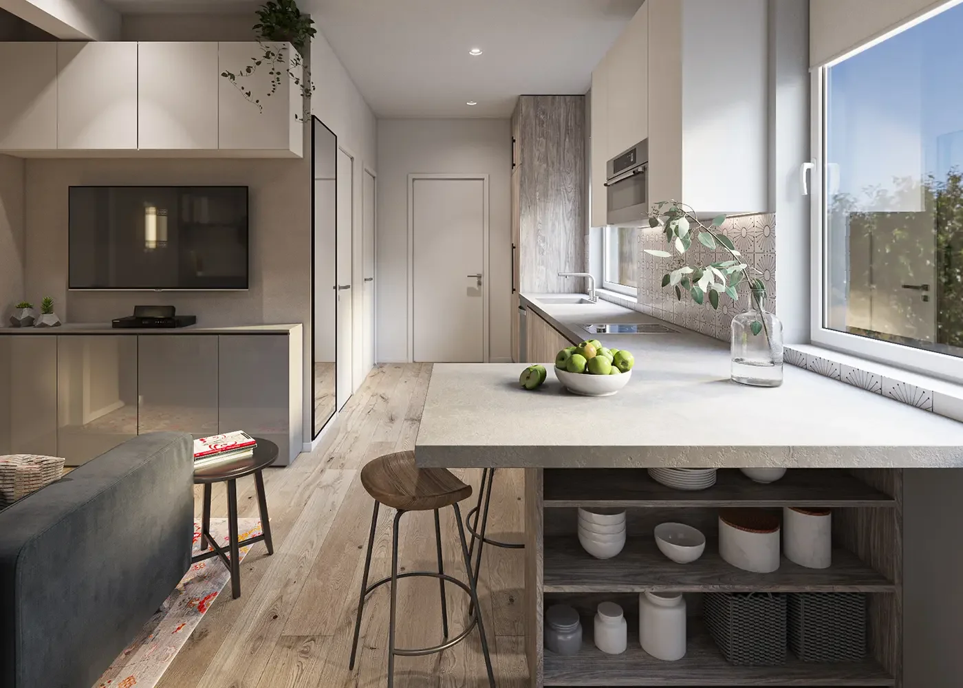 Compact ADU kitchen design with peninsula seating, open storage and integrated living area