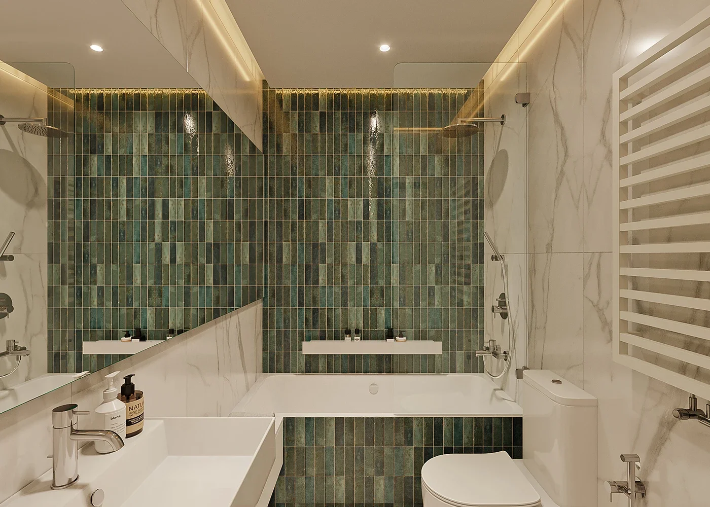Contemporary ADU bathroom design with green tile, bathtub and marble finishes