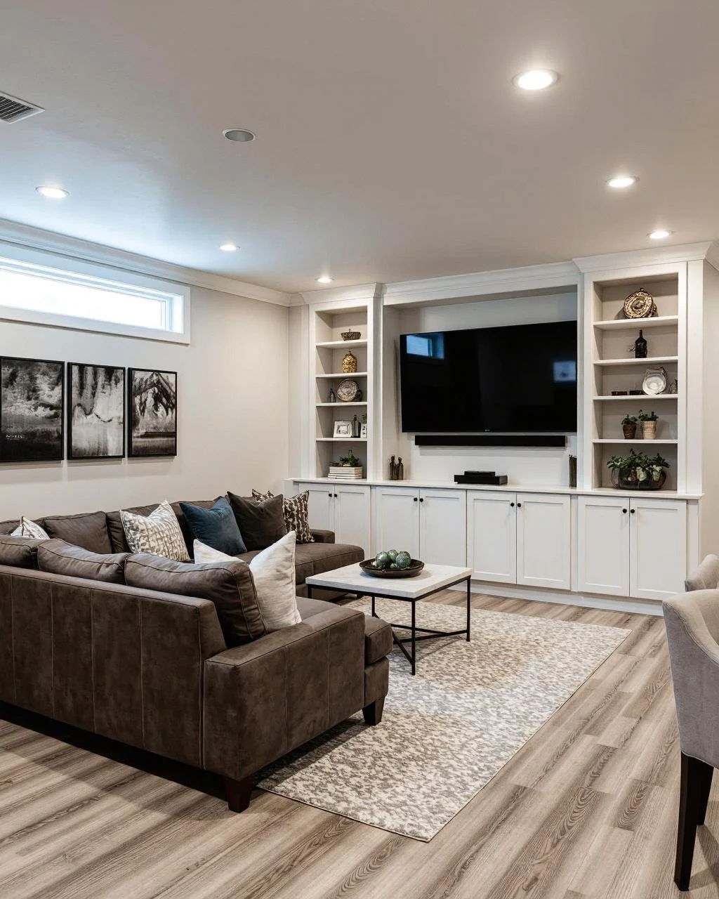 ADU Living Room Example in light tones, with leather sofa