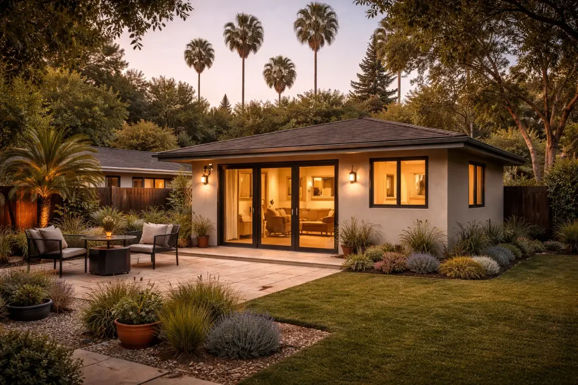 modern farm house style adu in Los Angeles evening dusk