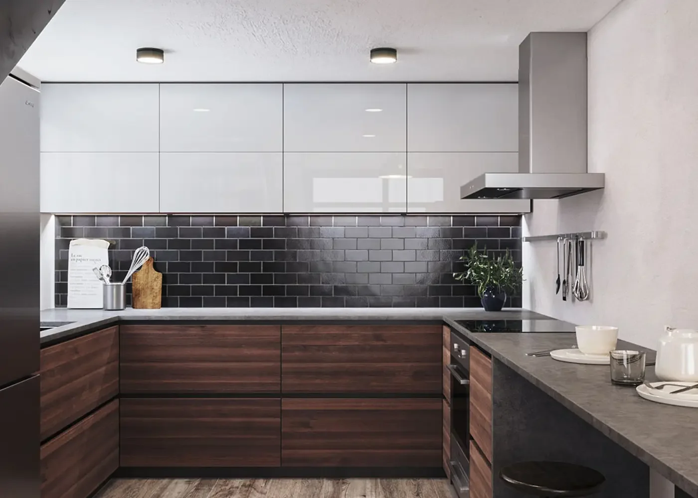 Contemporary ADU kitchen design with walnut cabinetry, black tile backsplash and peninsula seating