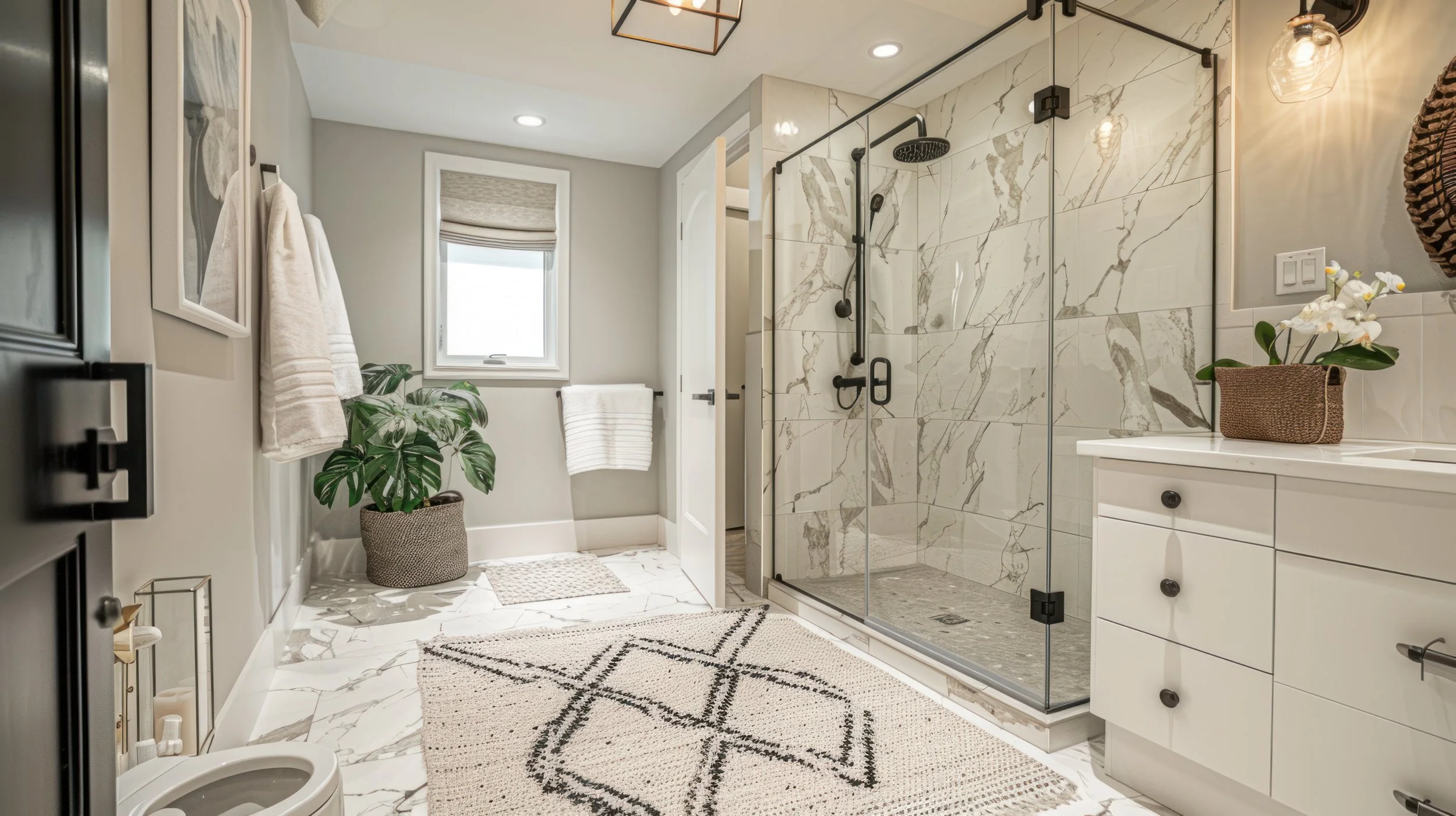 Modern bathroom with white cabinetry, marble floor and shower tiles, and a glass shower enclosure. Contains towels, a potted plant, and decorative lighting.