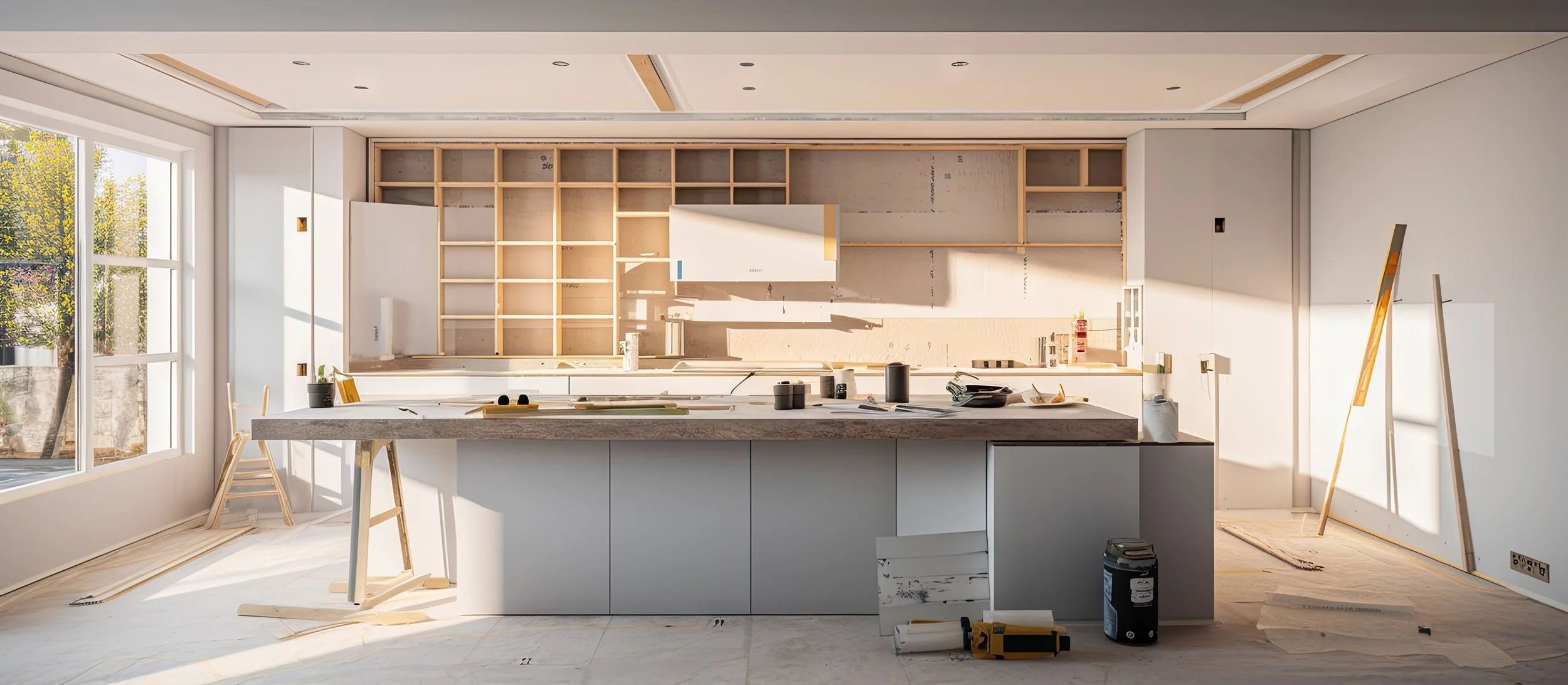 Kitchen under construction with an island, open shelving, and sunlight streaming through large windows.