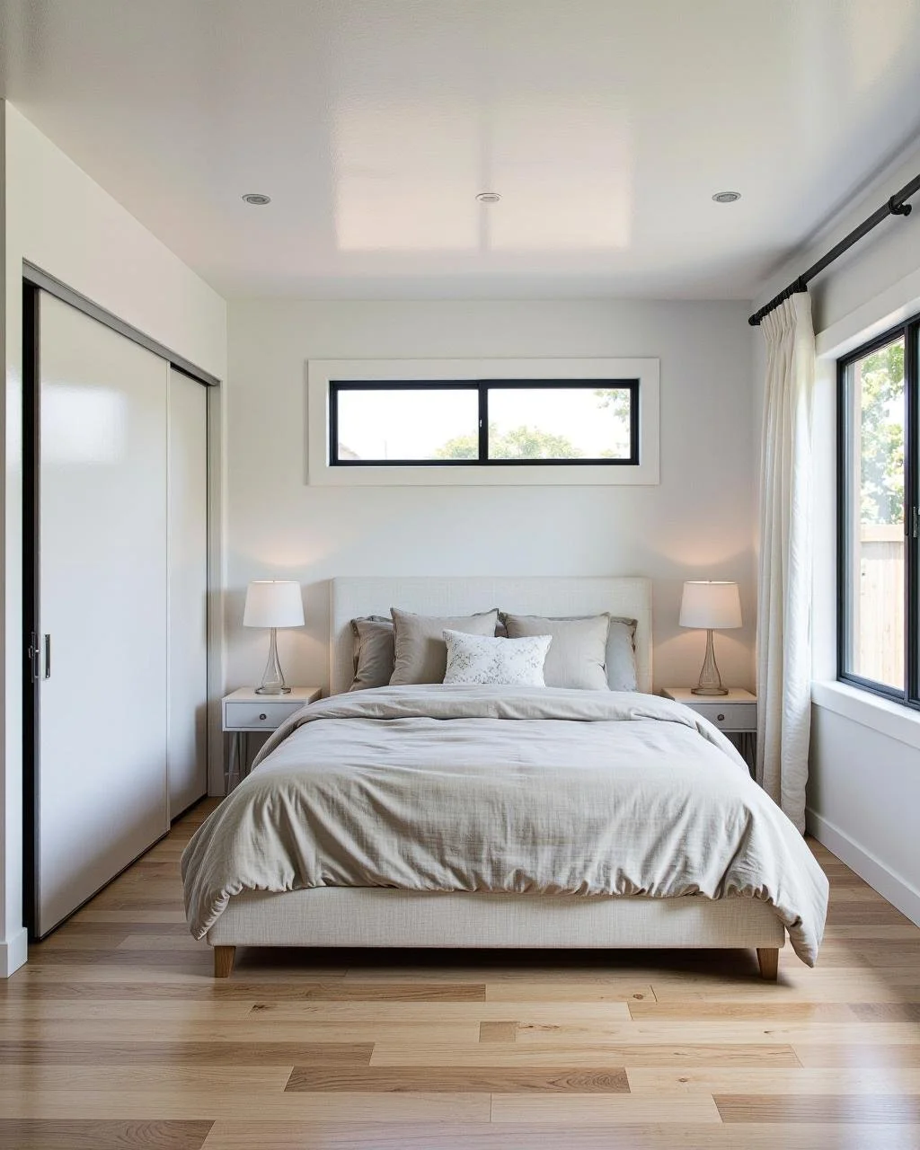 light toned bedroom, contemporary style, light sheets light walls, light modern nightstands