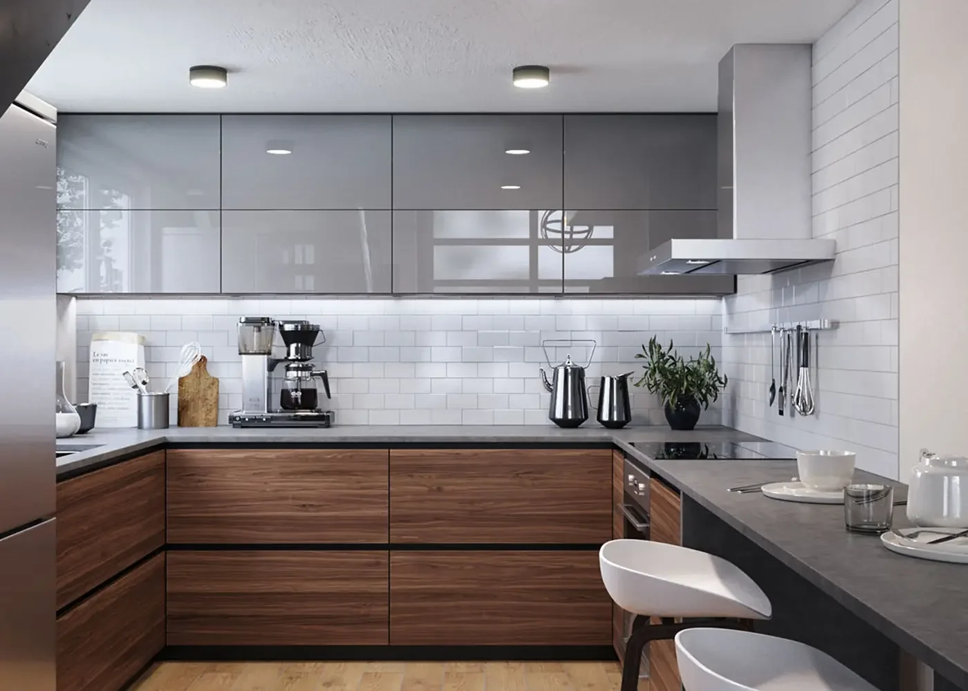 Modern ADU kitchen design with walnut cabinetry, breakfast bar and integrated appliances