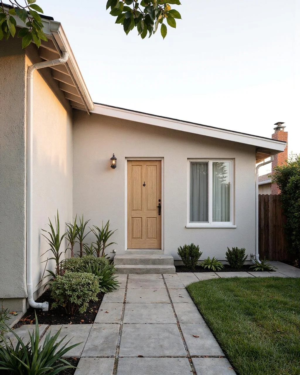 Sloped roof Attached adu in stucco, side of the yard