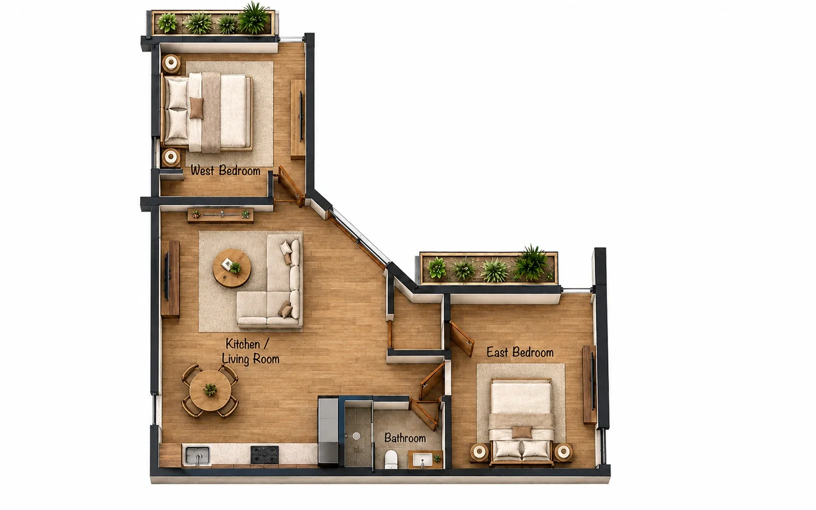 L-shaped two-bedroom ADU floor plan with open kitchen, living area and shared bathroom