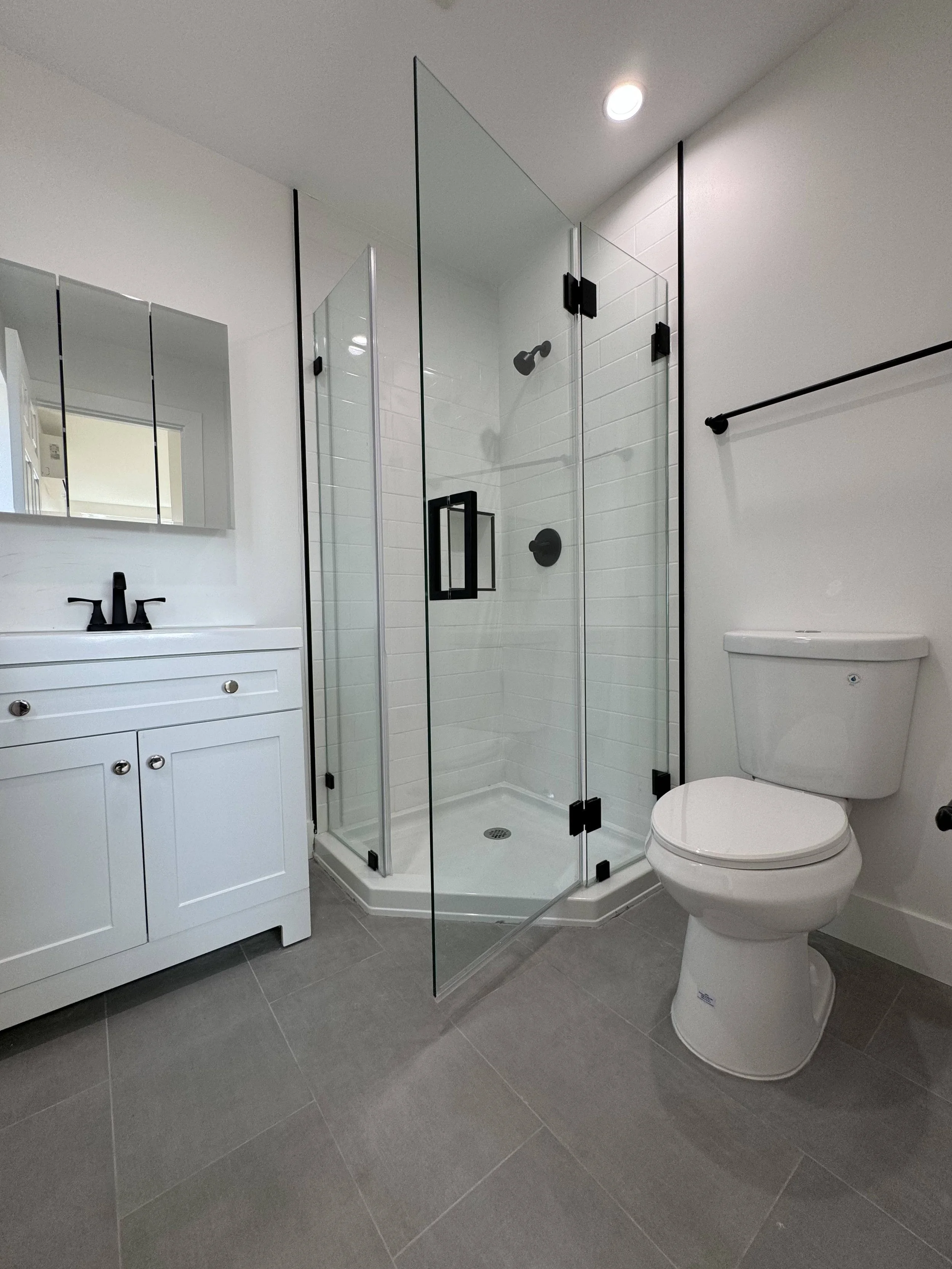 Modern bathroom with a white vanity, black faucet, mirrored cabinets, glass-enclosed shower with black fixtures, and a white toilet. Gray tiled floors and white walls.
