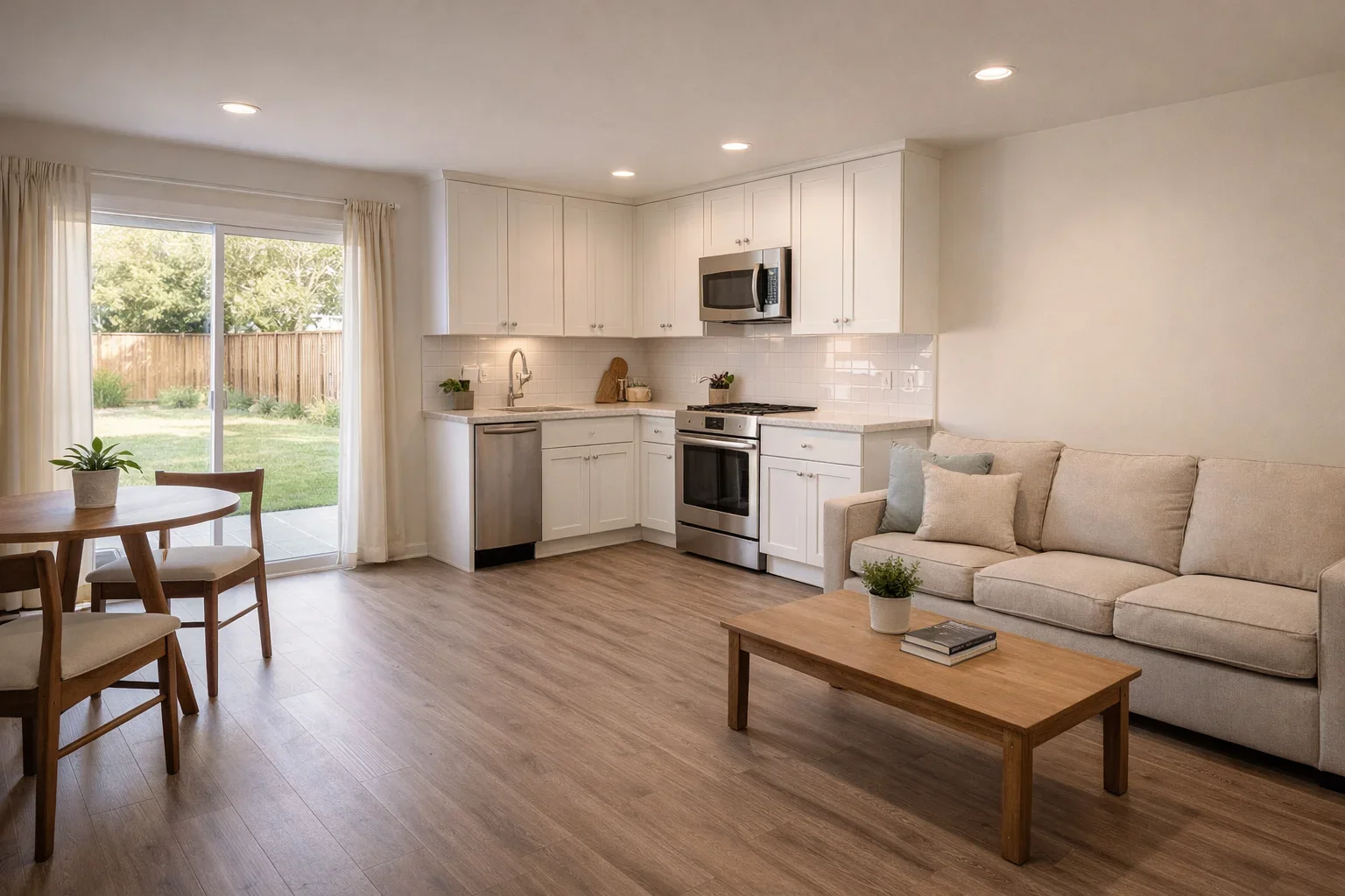 light colored corner kitchen combined with living room
