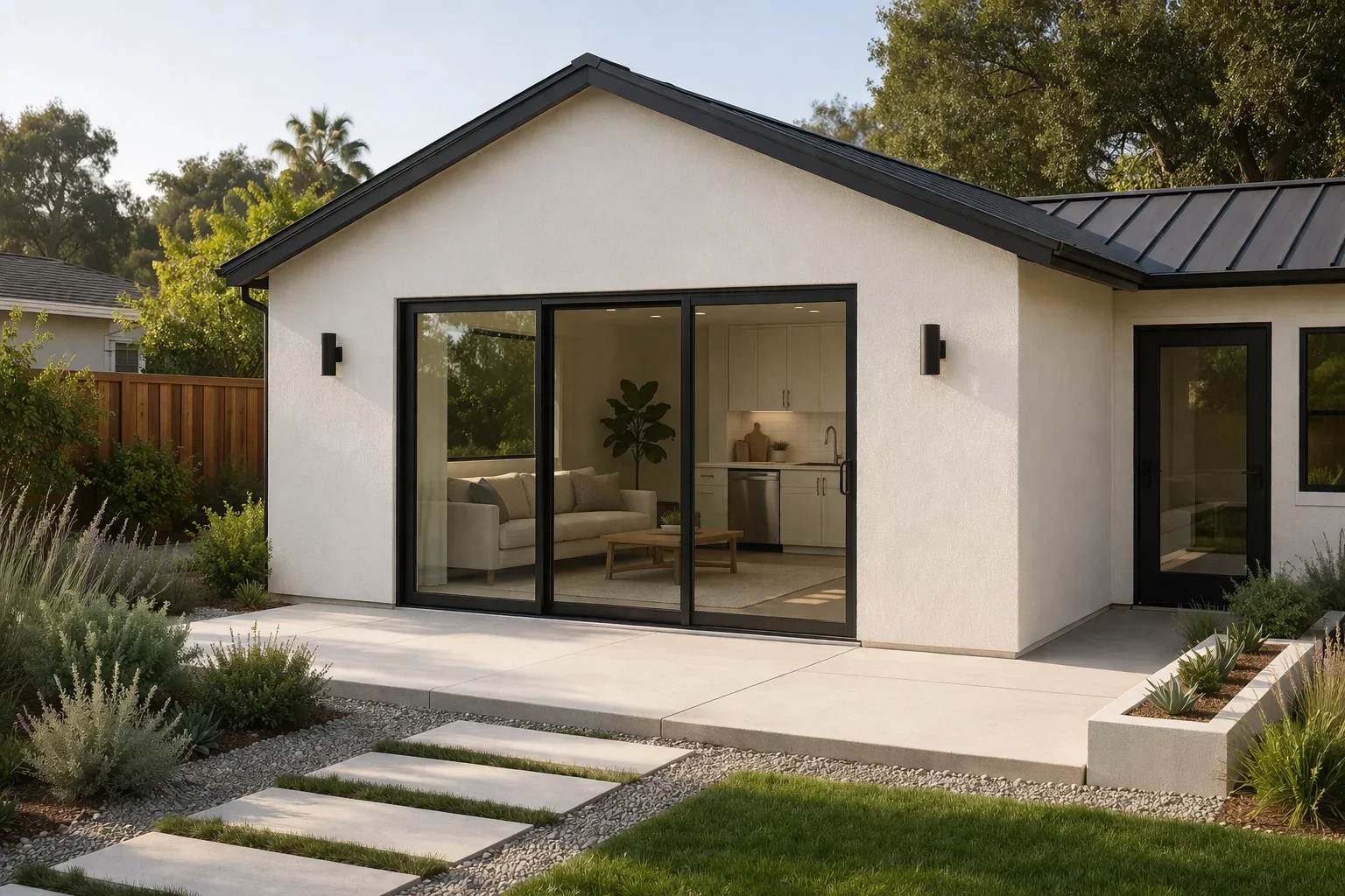 ranch contemporary style backyard adu in los angels with cream stuck and dark satin metal roof
