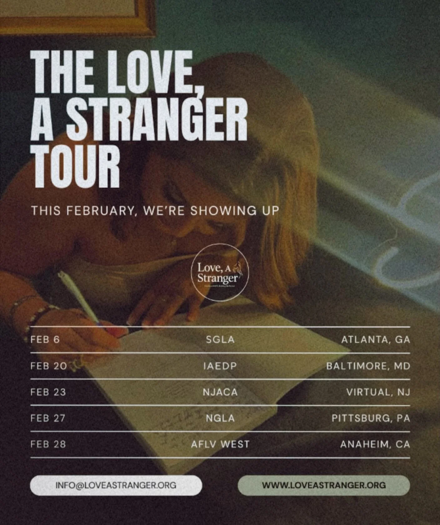 This February, Love, A Stranger is everywhere. 🫒✨

We can&rsquo;t wait to connect with college students &amp; professionals, bringing strangers together, one conversation at a time.

Not attending a tour stop? We&rsquo;d still love to hear from you!