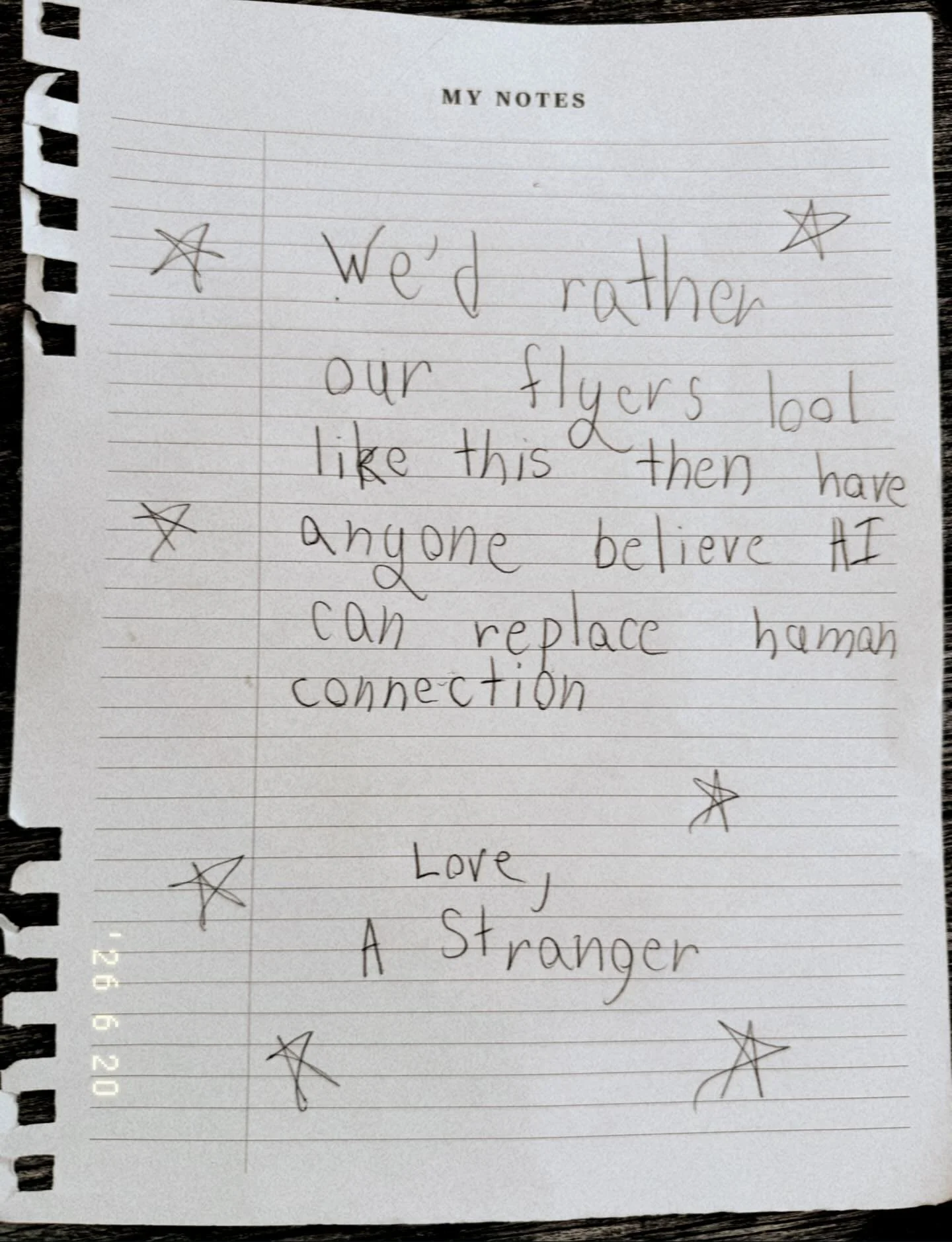 We&rsquo;d rather our posts look like this&hellip;

than have anyone believe AI can replace human connection.

At Love, A Stranger, we believe there is something powerful about knowing another person took the time to listen, respond, and care.

That&