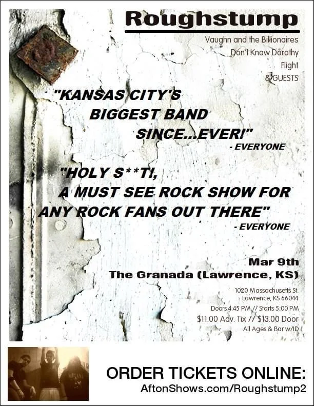Poster for Roughstump, featuring quotes praising the band, with details of the concert date March 9th at The Granada in Lawrence, Kansas, ticket prices, and a website for ticket purchase.