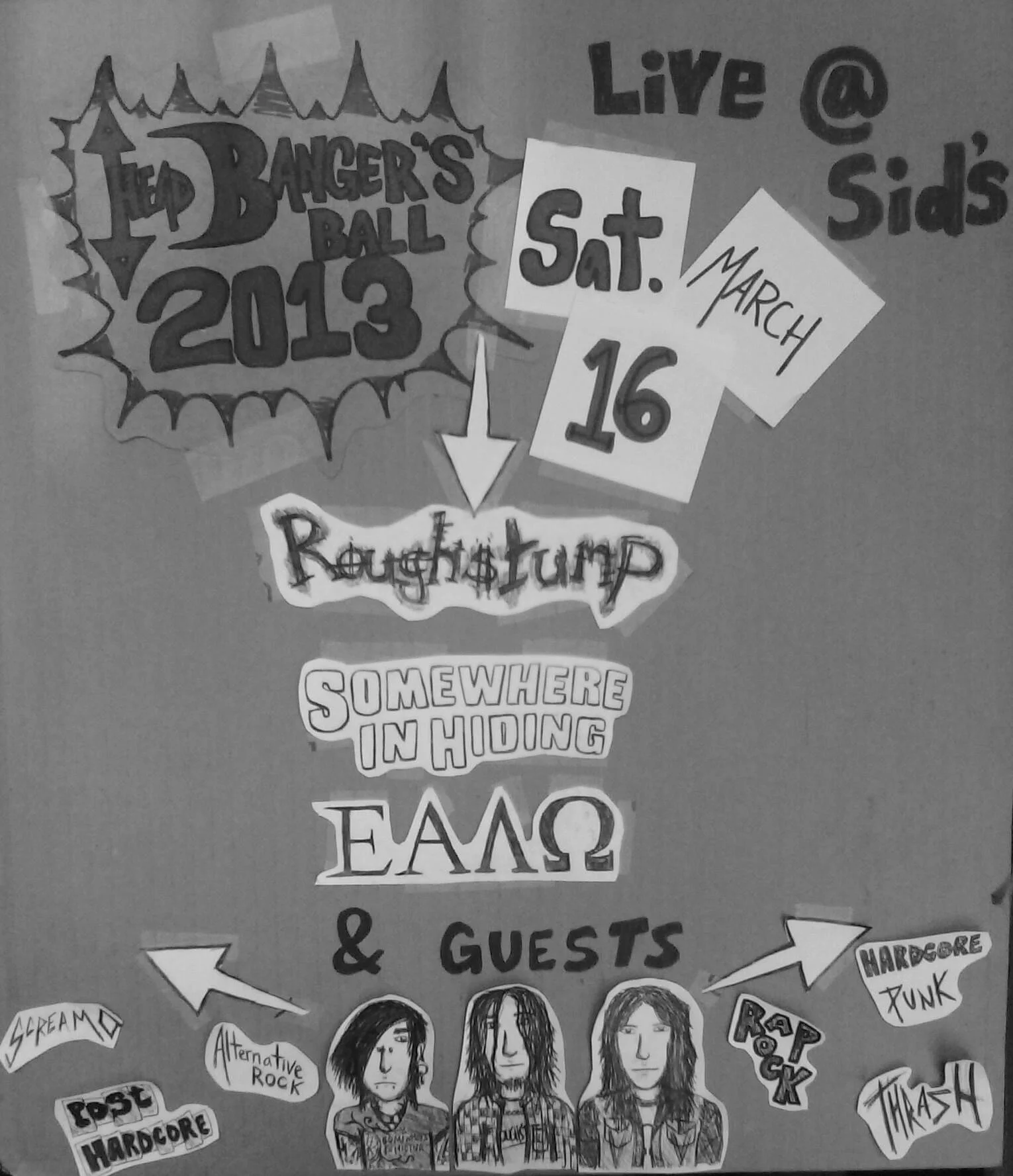 Concert poster for The Bad Bangers' Ball 2013, scheduled for Saturday, March 16, featuring band Roughstump, with guest bands including G Dream, RSS Hardcore, Alternative Rock, Hardcore Punk, Rock, and Thash.