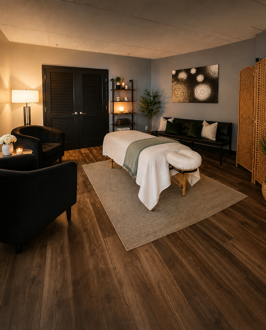 A cozy massage therapy room with a massage table covered in white sheets and a green blanket, surrounded by warm ambient lighting, artwork on the wall, and comfortable seating, including black chairs and a bench with pillows, on a dark wood floor with a beige rug.
