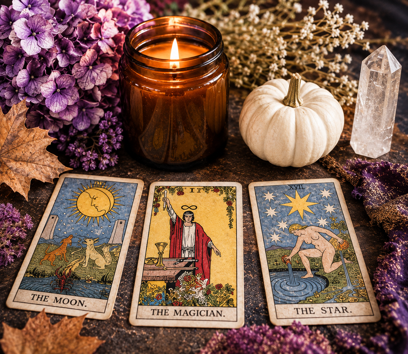 Tarot cards, a lit candle in a dark jar, a white pumpkin, a white crystal point, dried flowers, dried leaves, and purple decorative fabric on a wooden surface, symbolizing a spiritual or mystical setting.