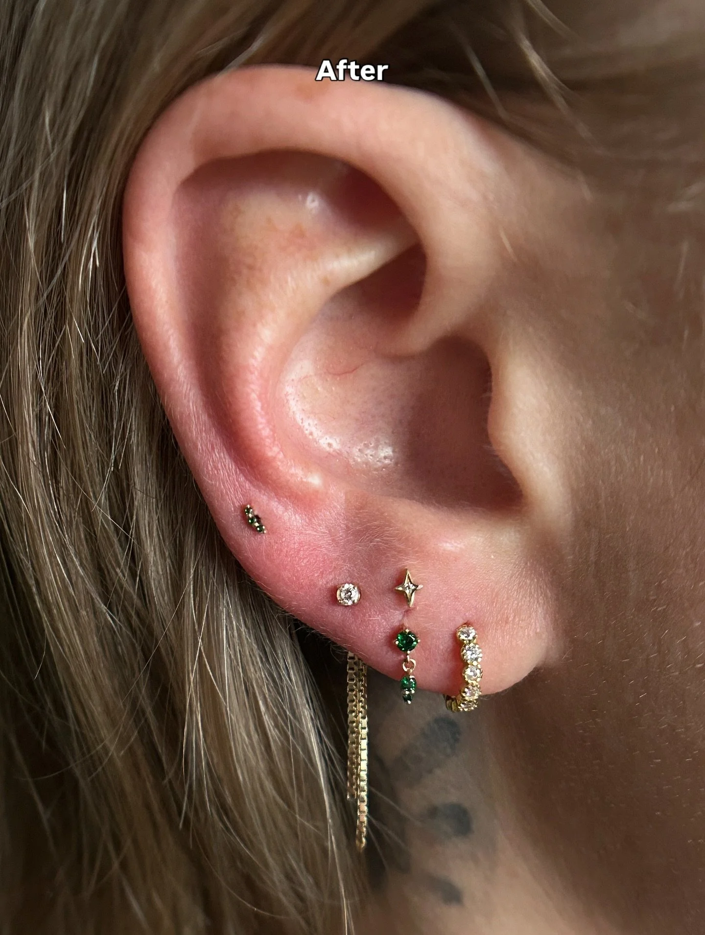 Before &rarr; Digital Ear Design &rarr; After

My friend - of over half our lives - was ready to elevate her ear look.
Years ago, when I had just started piercing, I pierced her lobes.
This time she wanted the full upgrade: new piercings + all new go