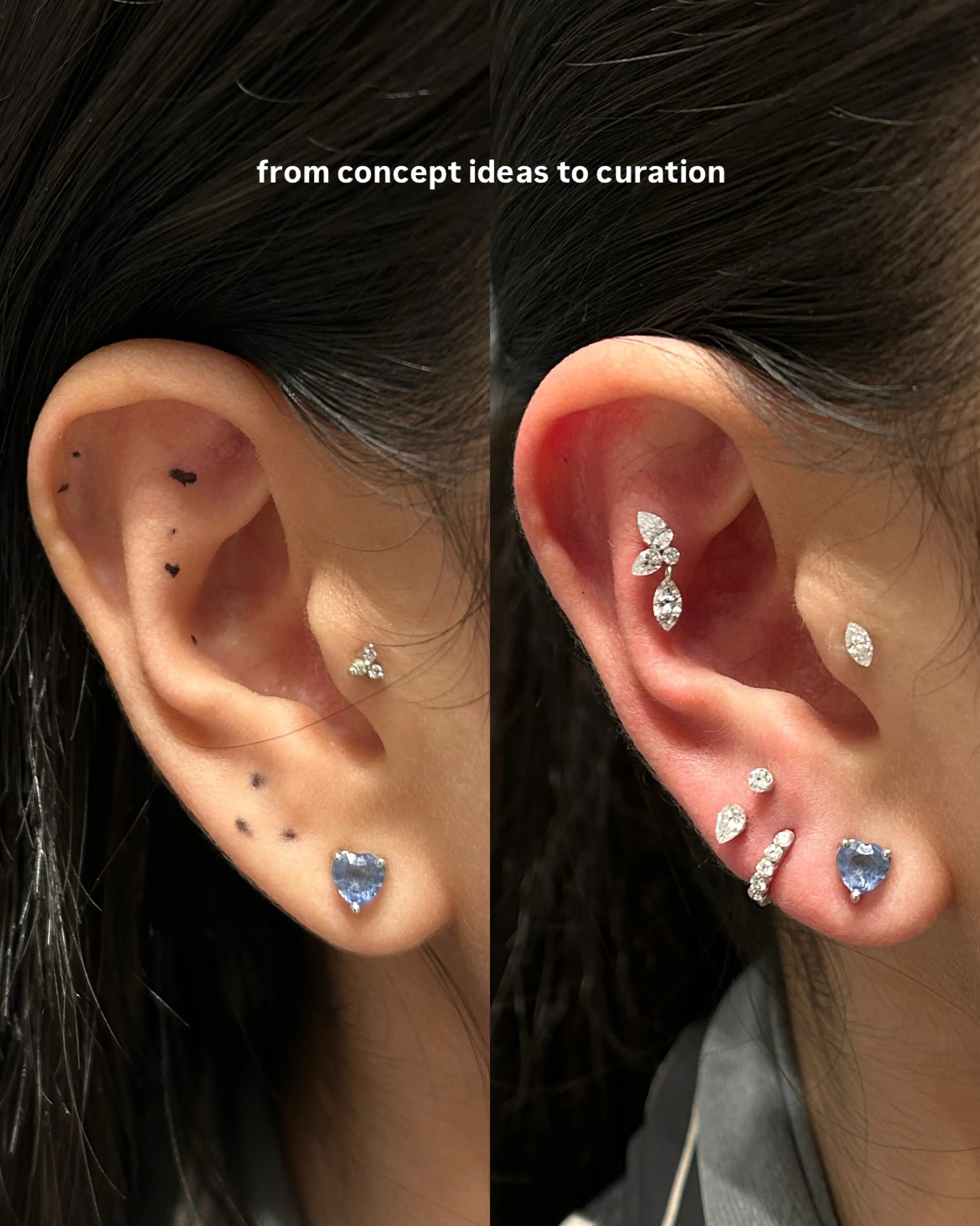 From dots to diamonds 💎 

Ear styling starts with mapping out ideas that suit your anatomy and personal style.

There are different ways to begin a curated ear.

Sometimes you fall in love with a jewelry piece first, and together we find the best pl