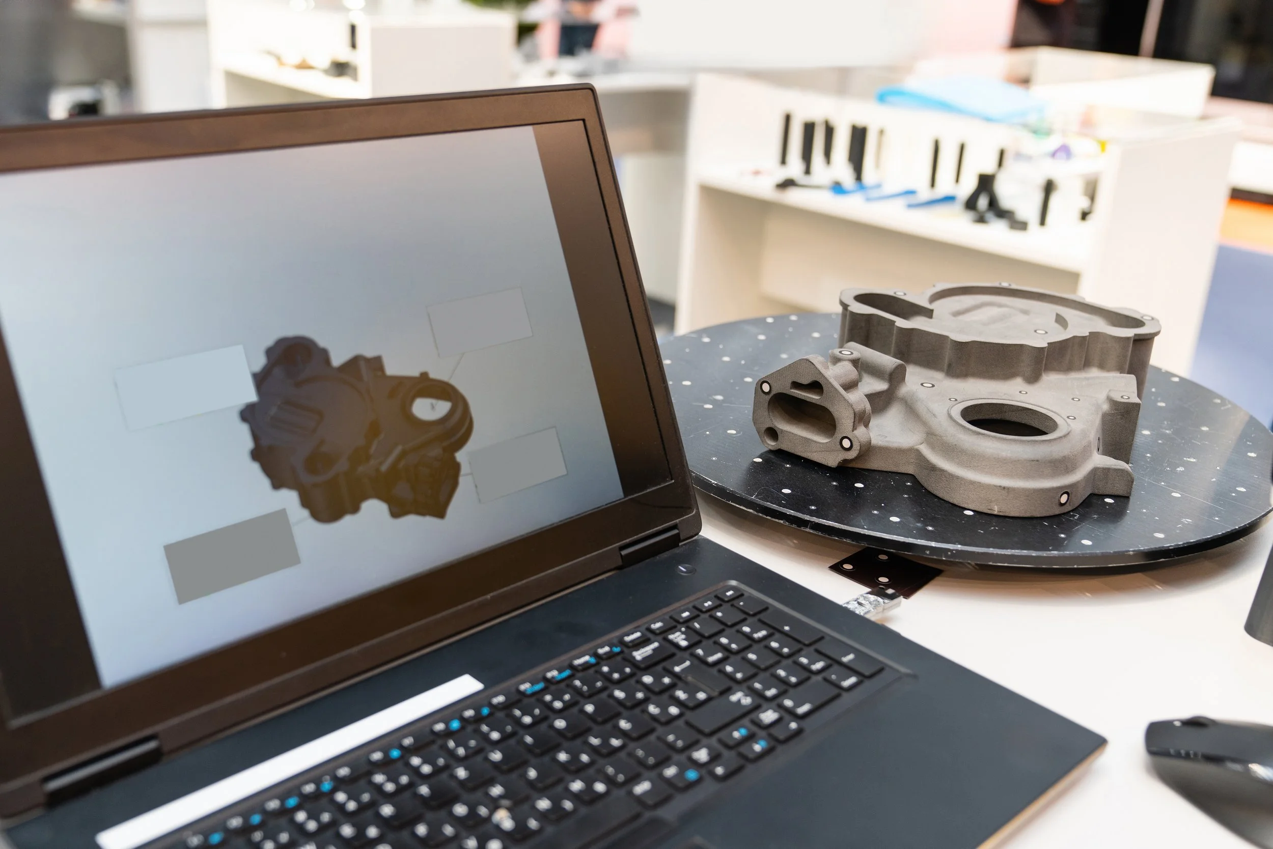 A laptop displaying a 3D model of a mechanical part, with a metallic mechanical component placed on a black dotted circular platform nearby, in a setting with shelves and tools in the background.