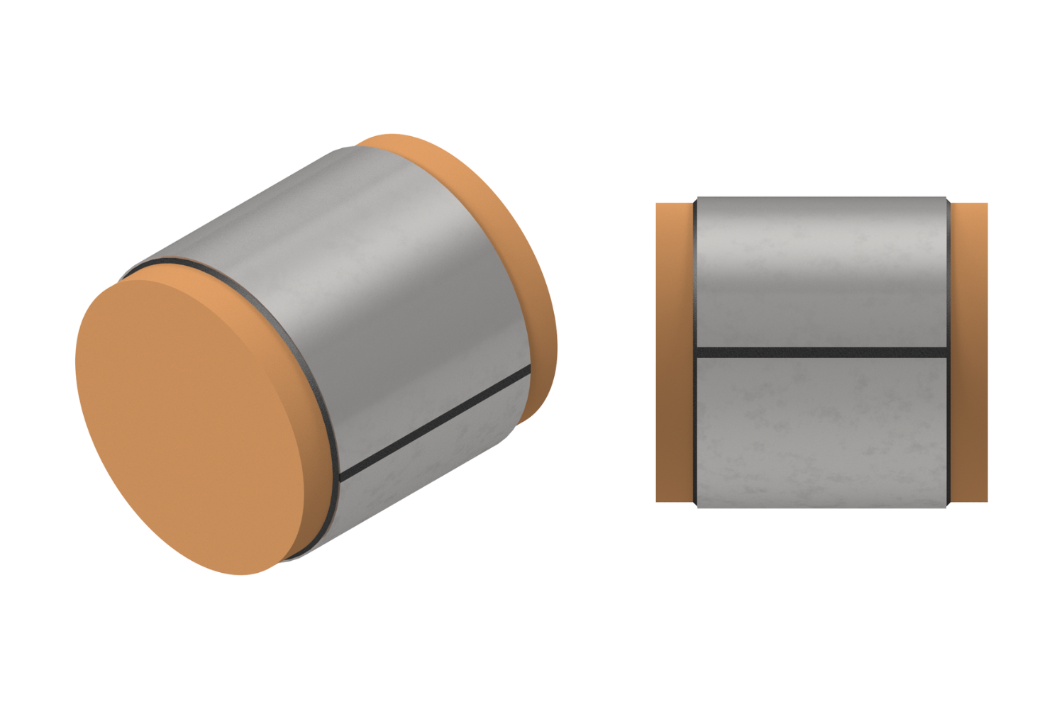 A metallic roller with brown ends shown in three-quarter and front views.