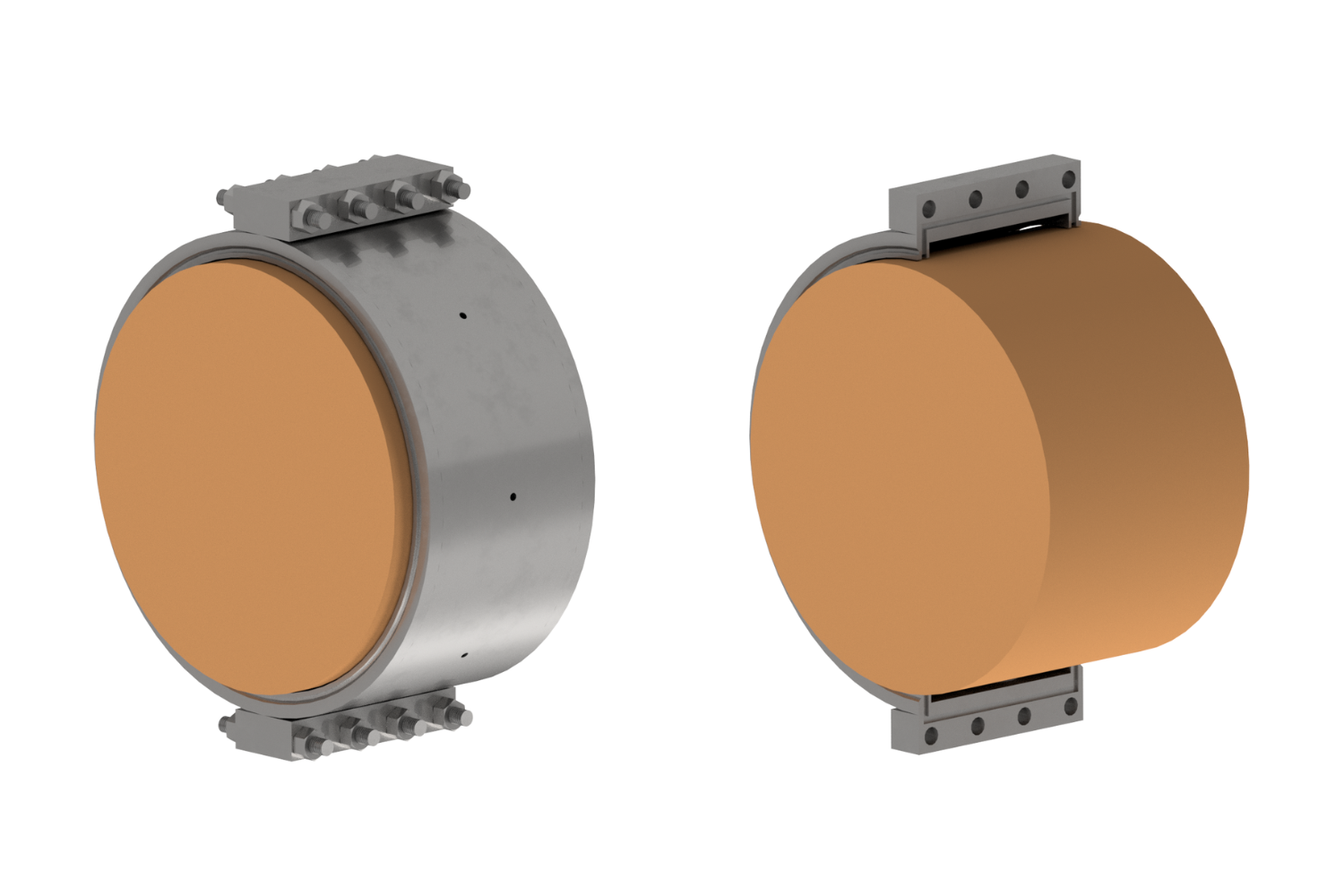 Two industrial steel and copper cylindrical components with mounting brackets, viewed from different angles.