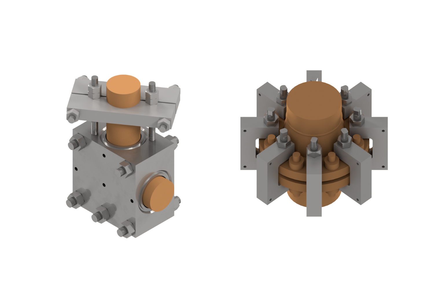 Two mechanical components with metallic and orange parts, featuring bolts and circular elements, viewed from different angles.