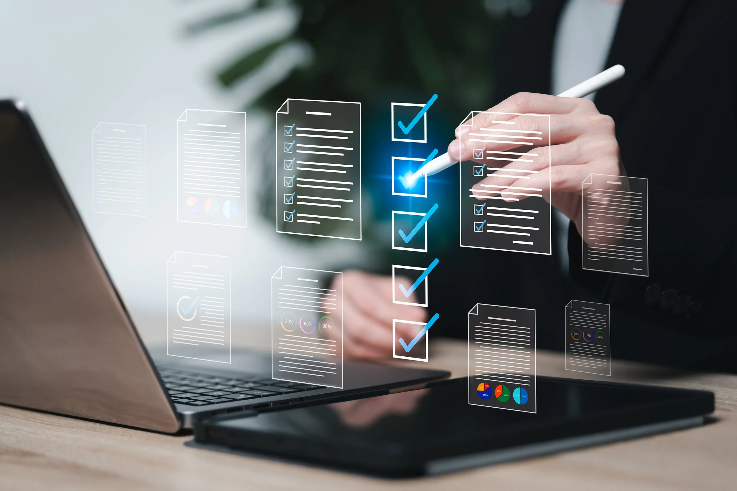 Person in a business suit using a stylus to select options on a digital interface with checklists and charts projected in the air.