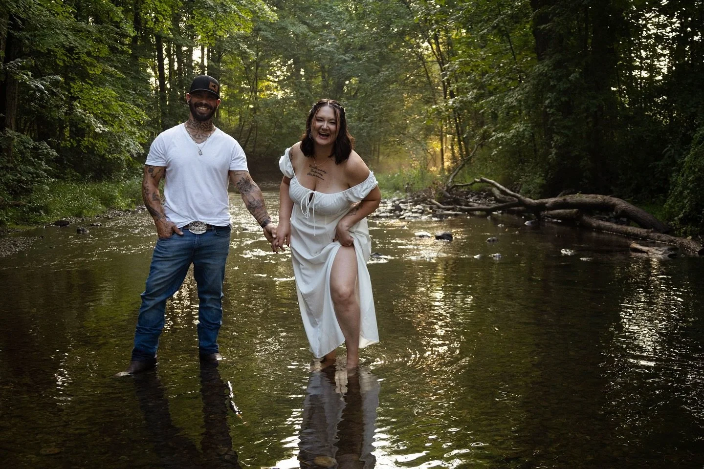 This engagement session felt like summer nostalgia in the best way. We hung out along the creek, shared some laughs, and when the moment felt right&mdash;they waded right in. The water was shallow (&amp; cold), but the love? Deep. 💛

Sessions like t