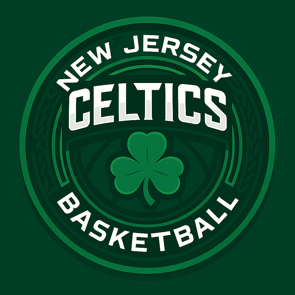 Green circular logo for the New Jersey Celtics basketball team featuring a four-leaf clover and bold, white text.