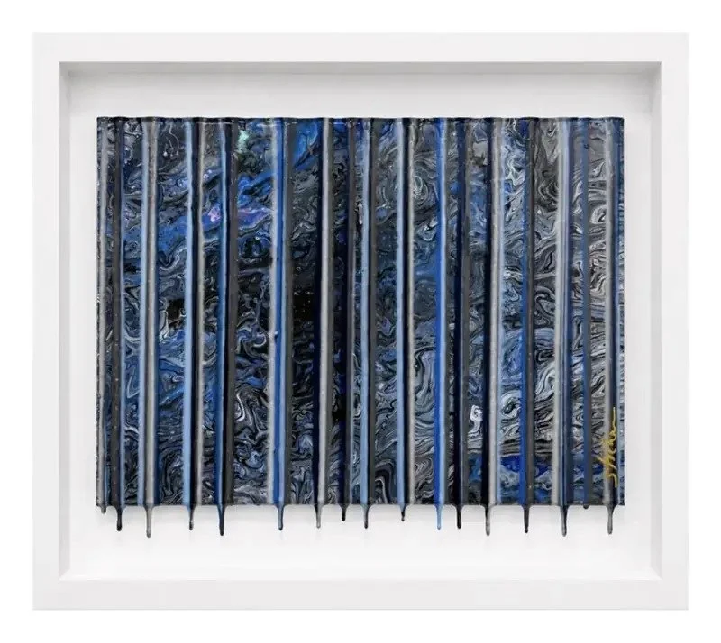 "Urban Rain" Mixed media, framed 17 × 19.5 in