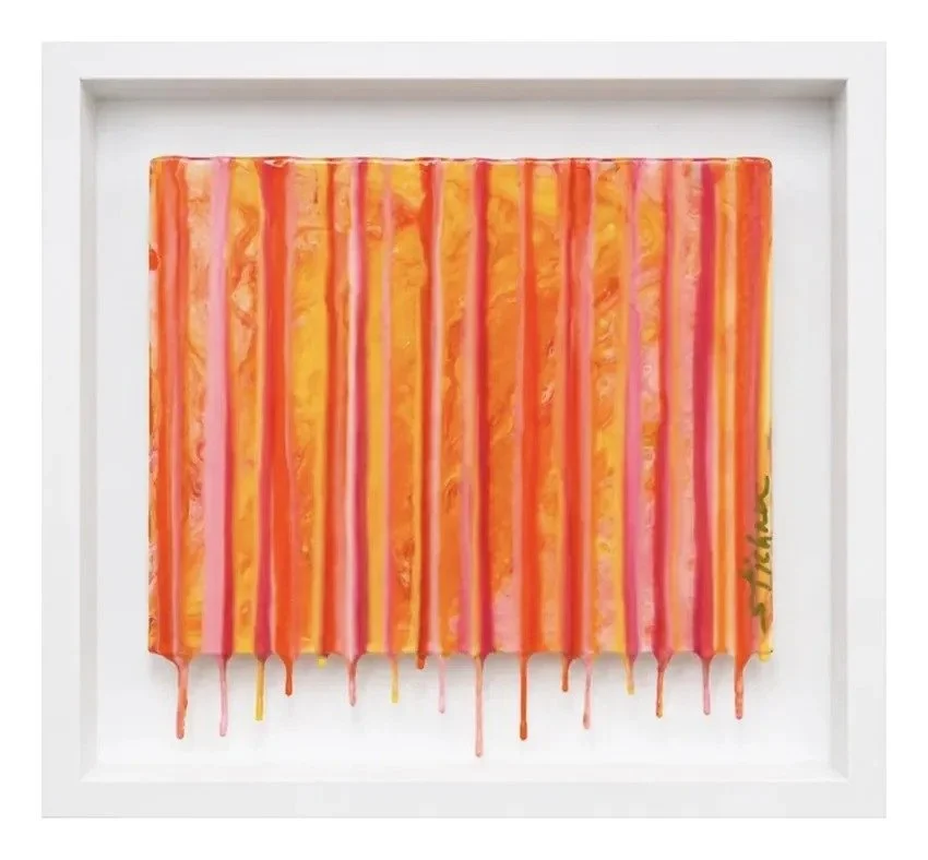 "Sunset Drip" Mixed media, framed 13 × 13.5 in