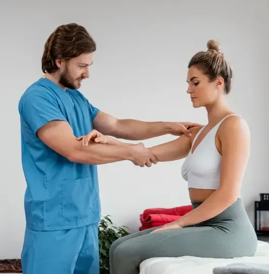 The image shows a physical therapist examining a patient's shoulder.