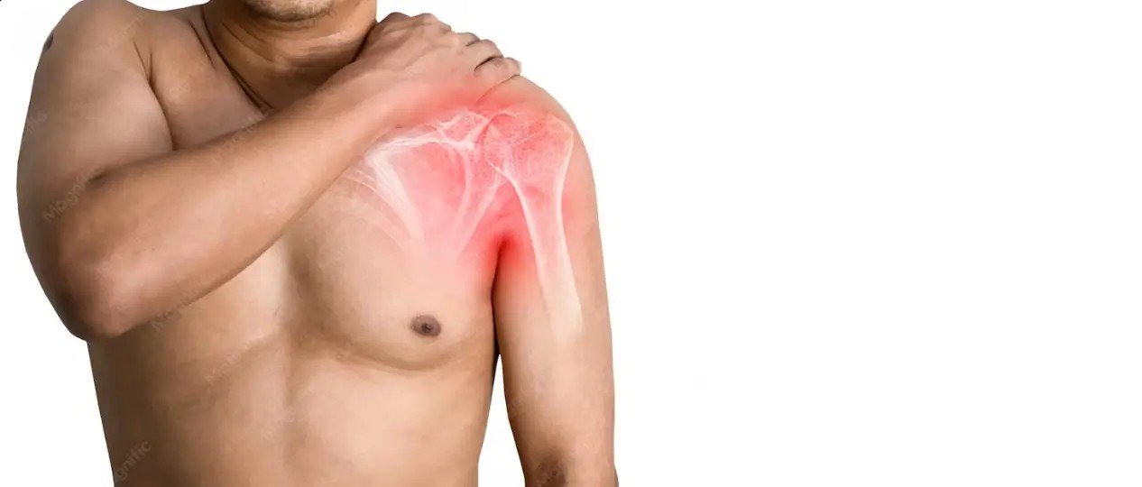 The image illustrates shoulder pain by showing a person holding their shoulder with a superimposed graphic highlighting the joint area in red.