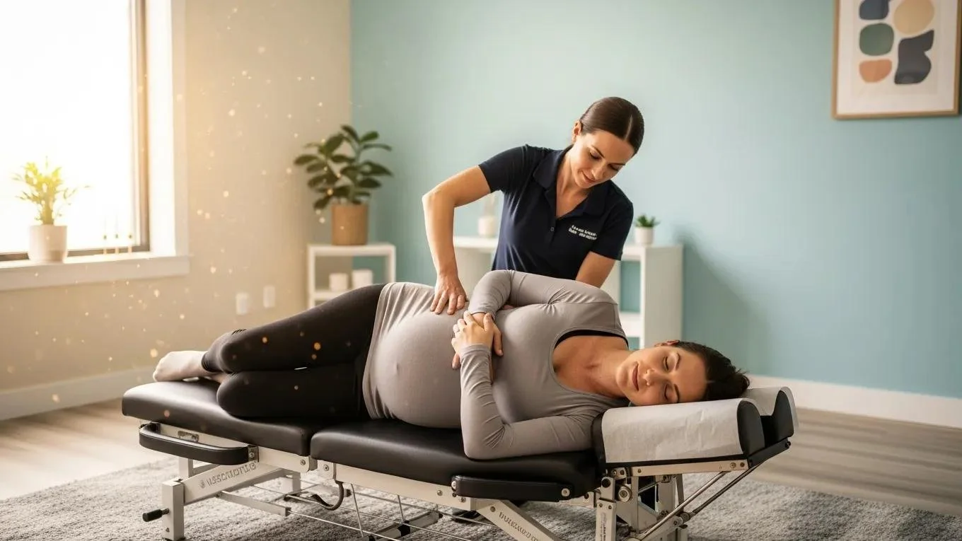 a chiropractor provides gentle care to a pregnant patient lying on a clinic table.