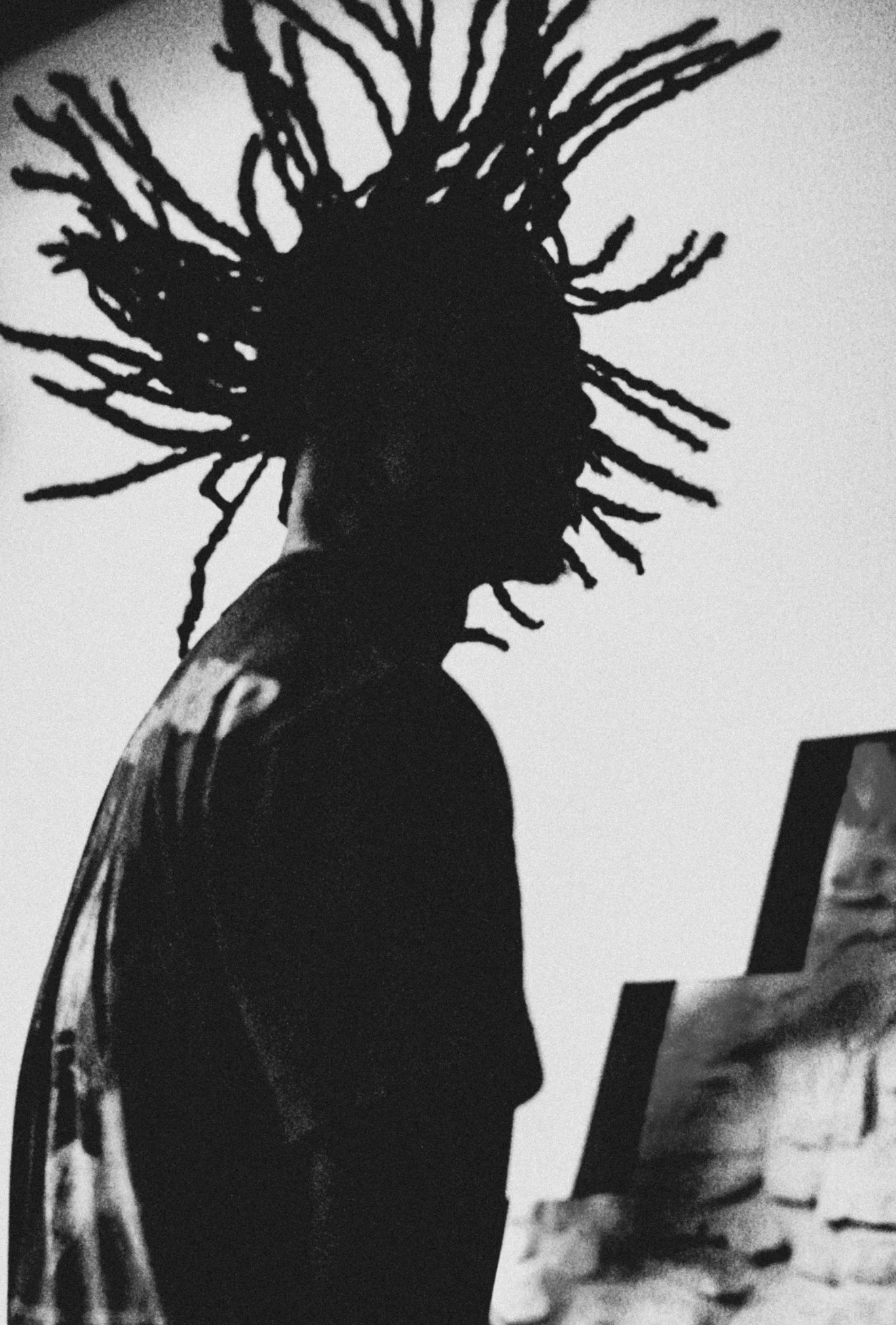 Black and white silhouette of a person with dreadlocks looking at a computer screen.
