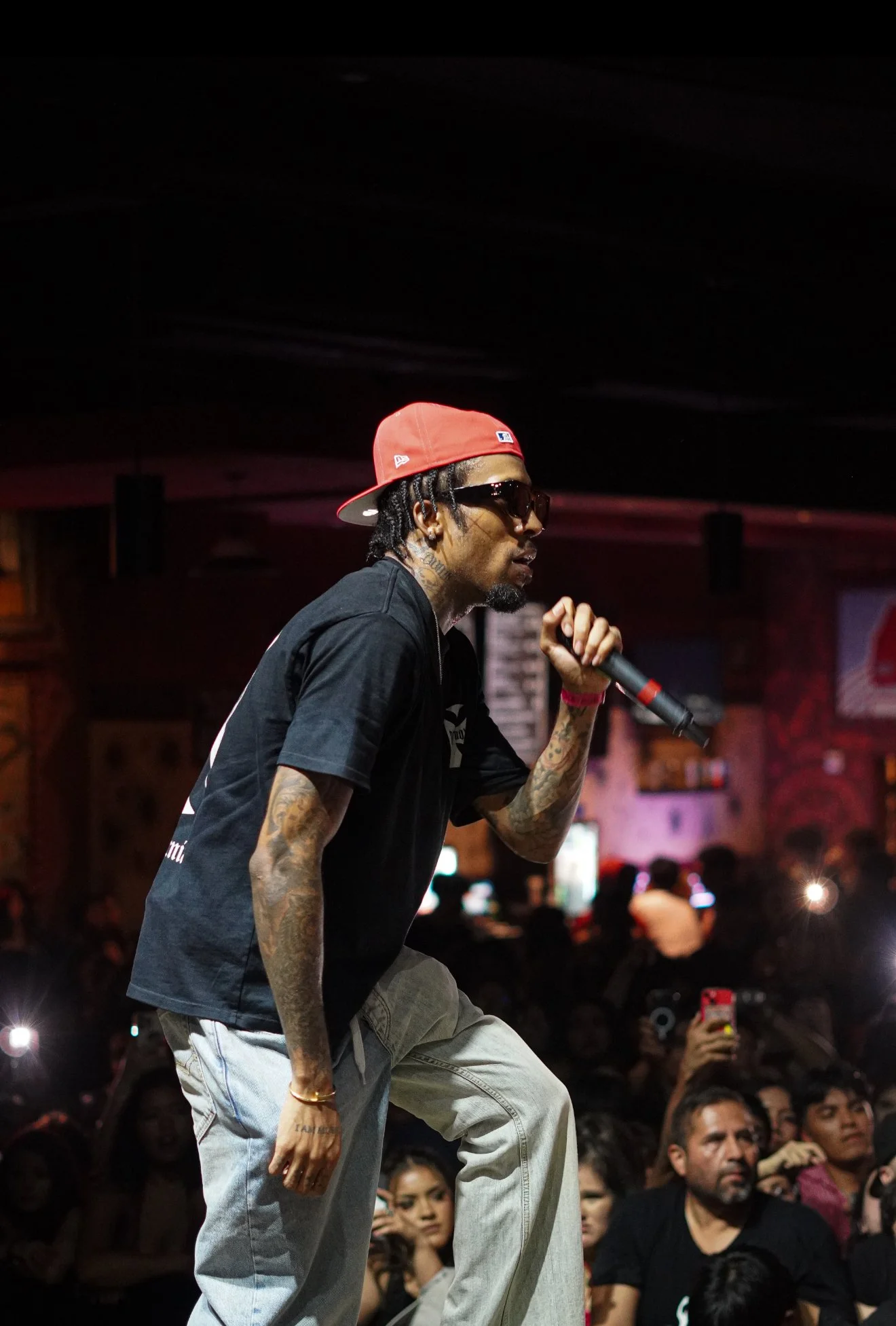 Performer singing into a microphone at a concert with an audience watching.