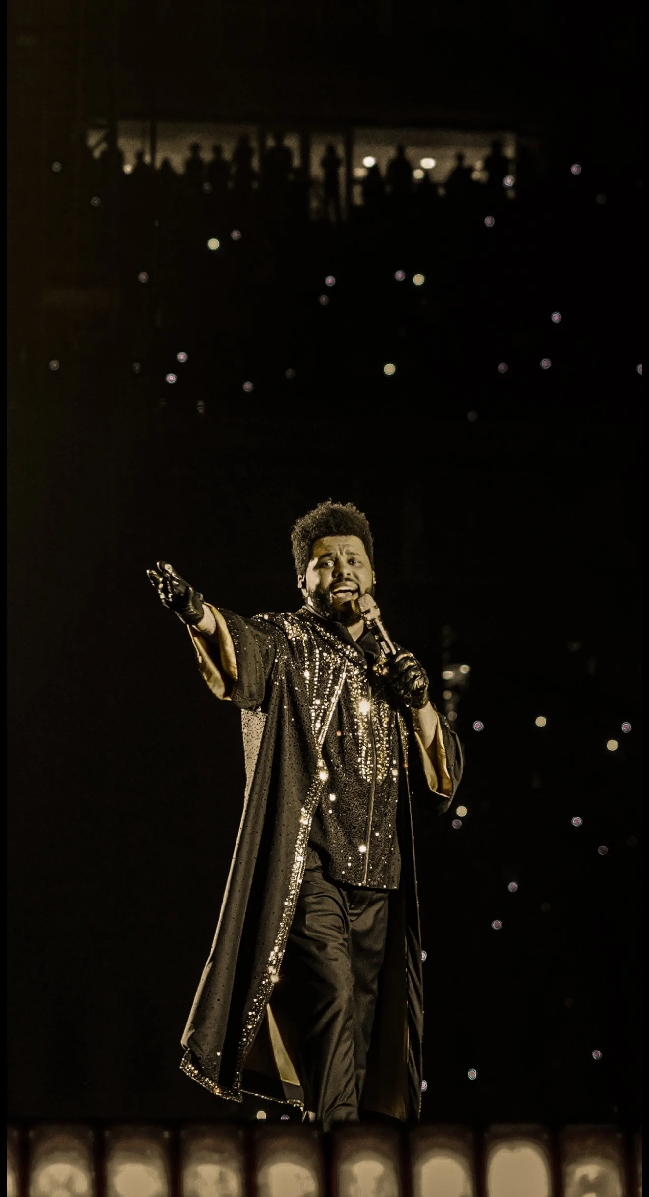 A male performer with a beard and curly hair on stage, dressed in a shiny black and gold costume with a long cape, holding a microphone, performing passionately with his right arm extended.