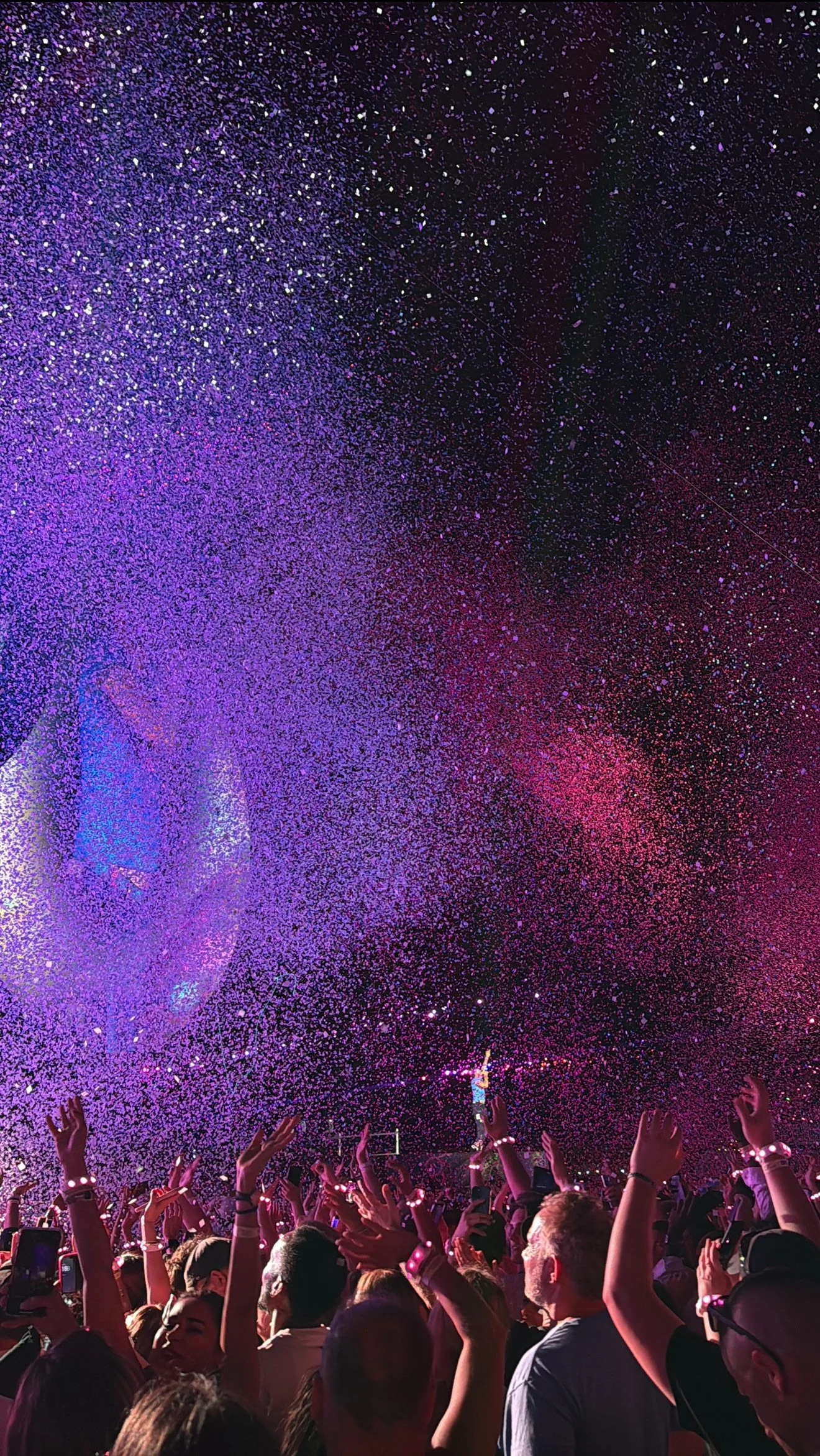 Crowd of concertgoers at a music event with colorful confetti and stage lighting.