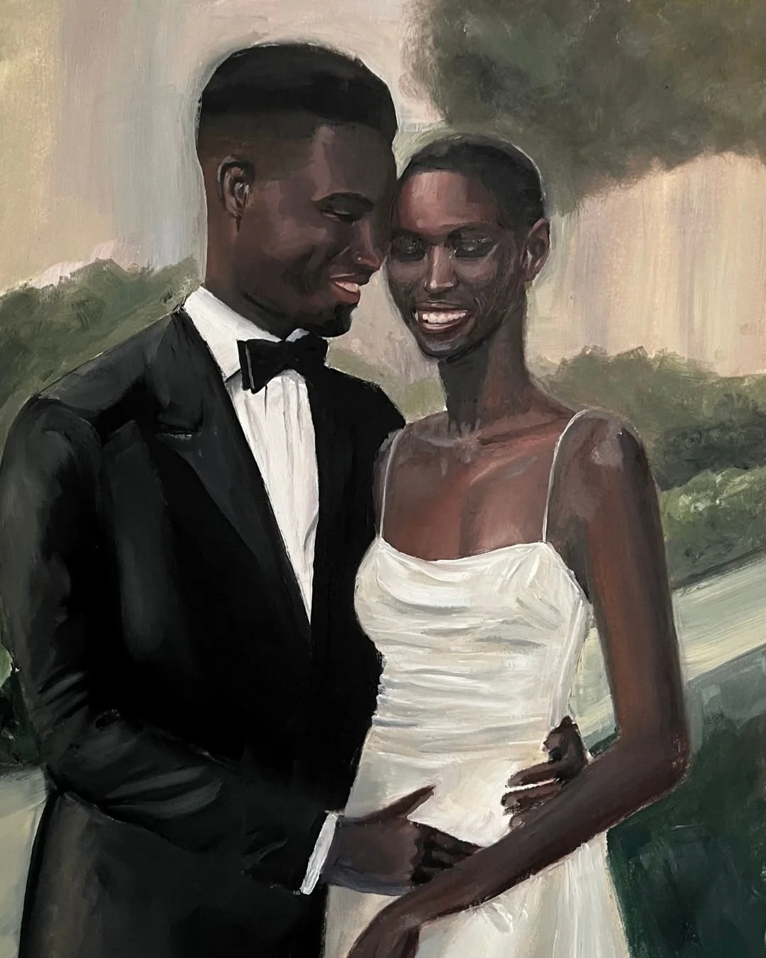 A painting of an African American couple dressed in wedding attire, smiling and standing close together outdoors with greenery in the background.