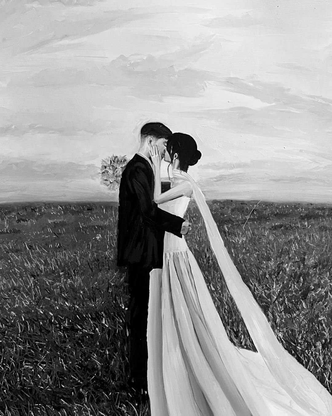 A painting of a bride and groom embracing in a field, with the bride holding a bouquet and their foreheads touching, in black and white.