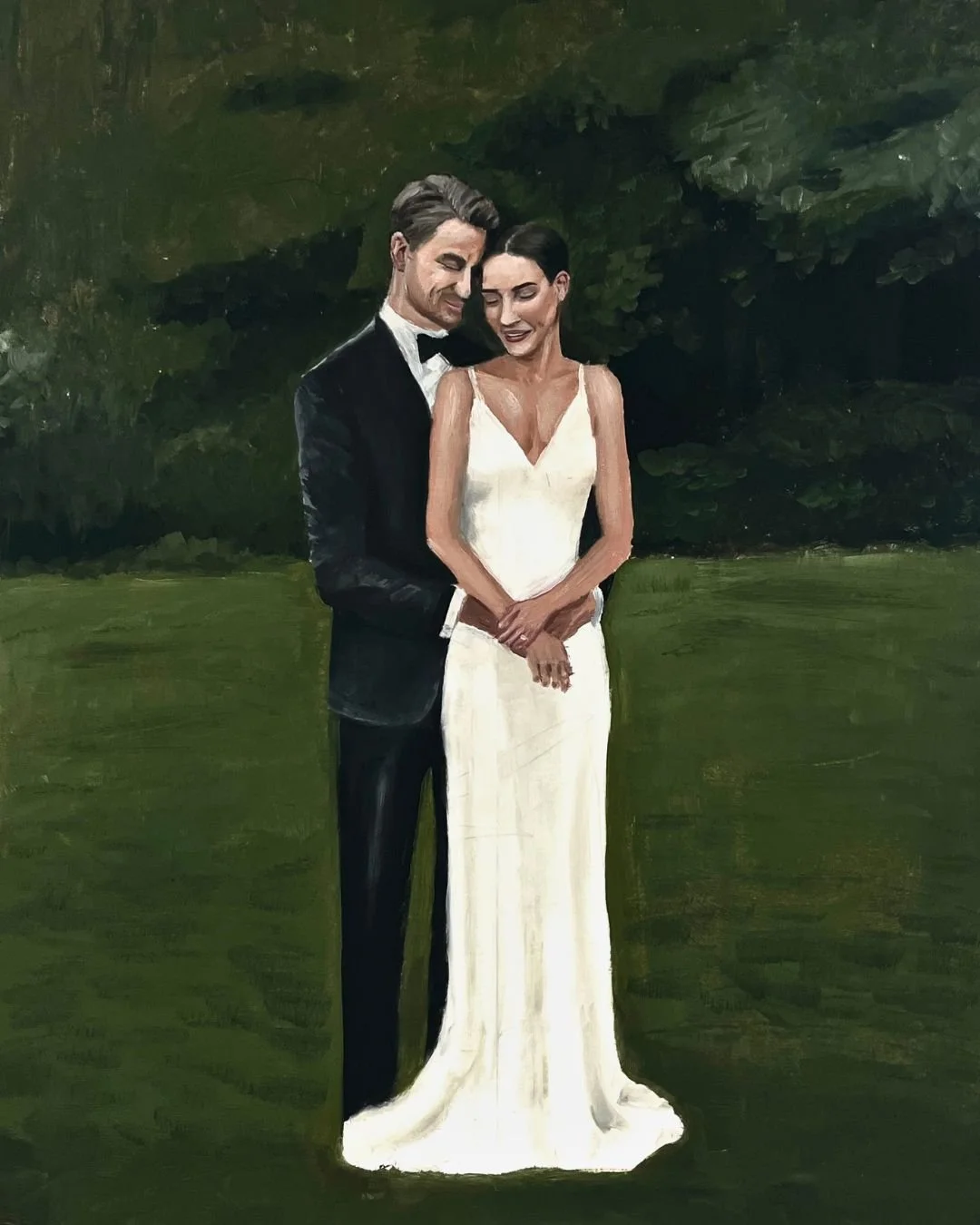 A painting of a wedding couple standing close together outdoors, with the groom in a black tuxedo and the bride in a white gown, sharing a tender moment.