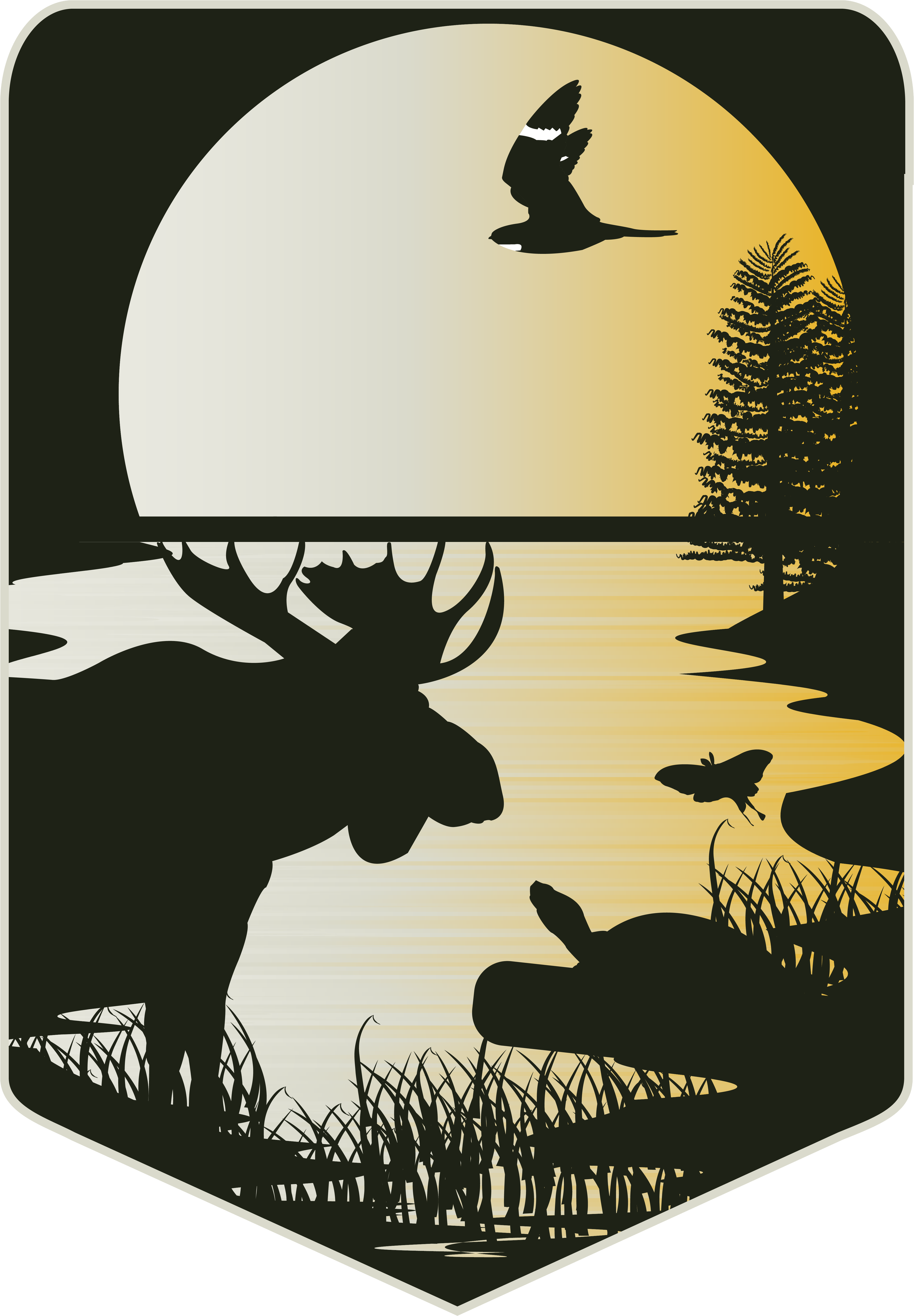 A badge style logo featuring a nighttime wetland scene with a moose in the foreground.  A turtle and a luna moth are shown in the wetland with a common nighthawk in flight in front of a large moon reflected over the wetland.