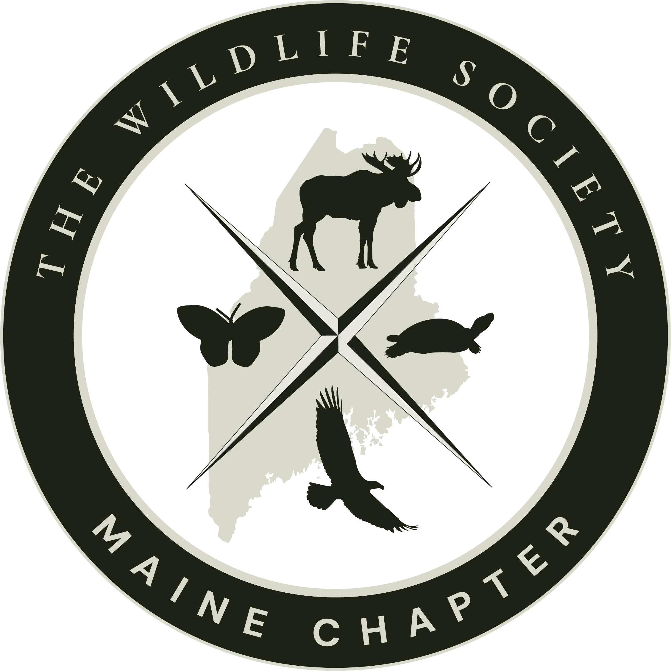 A seal style logo with text on the outer circle.  An outline of the state of Maine with a moose, butterfly, turtle and eagle are featured in the inner circle with a compass dial.
