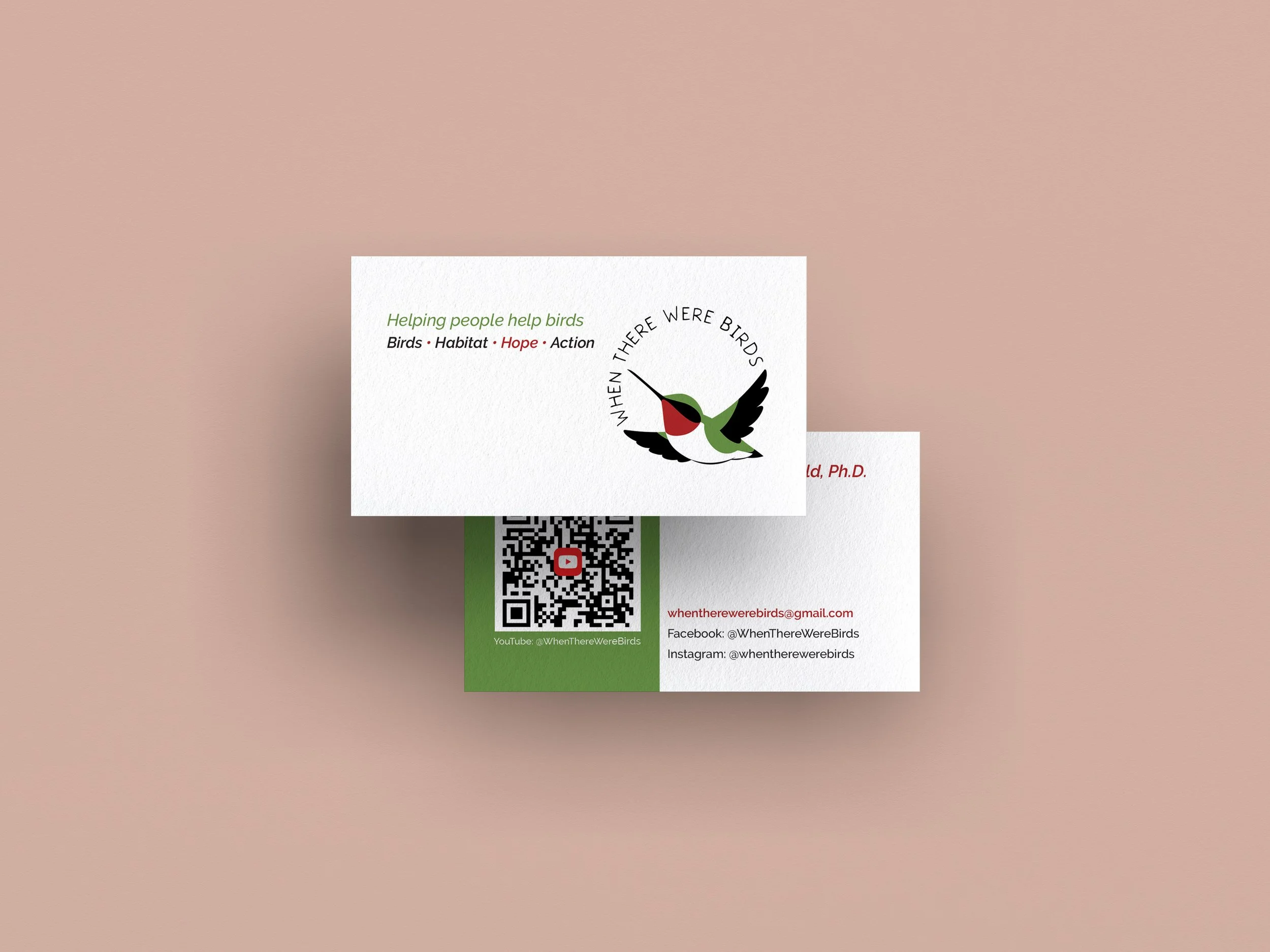 Business card for 'When There Were Birds' YouTube channel featuring a logo of a stylized bird with a red, white, and green color scheme and text. The card includes contact information, social media handles, and a QR code.