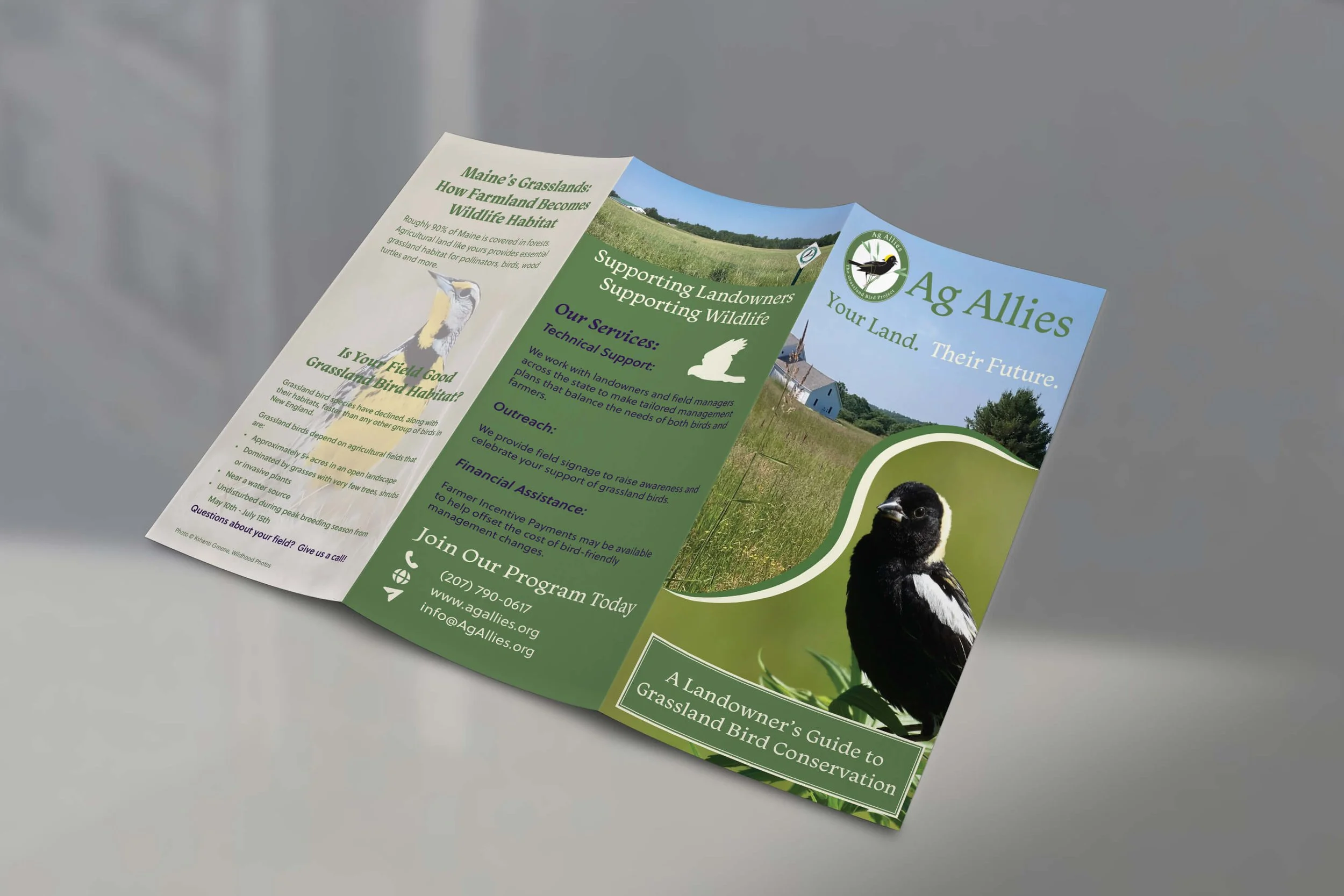 The redesigned landowner brochure for Ag Allies featuring photos of a farm, a bobolink and a meadowlark and describing the organization's services