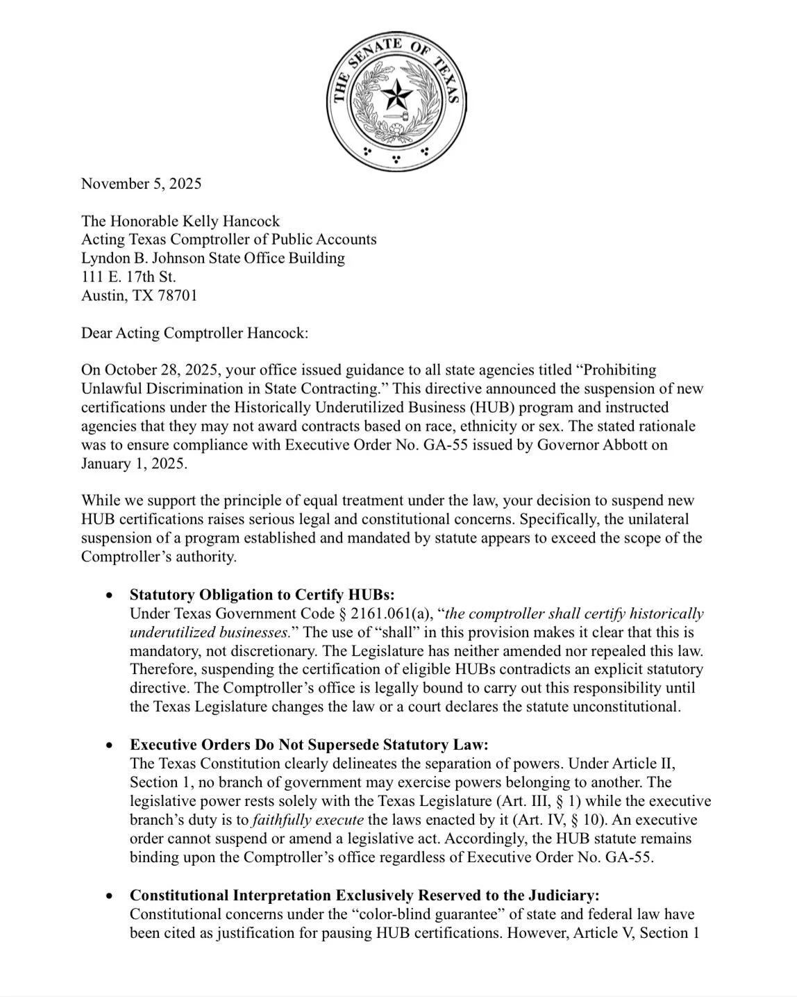 The Historically Underutilized Business program gives TX businesses a fair shot to *apply for* state contracts. No quotas or set asides for one group over another. 

The Comptroller says it&rsquo;s illegal &amp; shut it down. We disagree.

Regardless